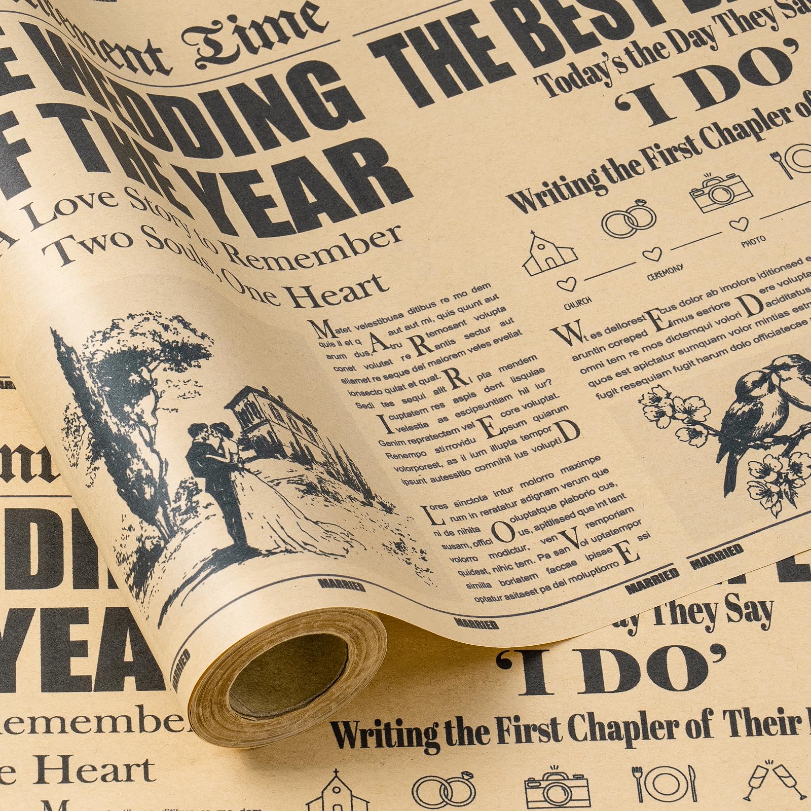 RUSPEPA Mini Retro Newspaper Wedding Wrapping Paper 43.2cm x 5m THE BEST DAY EVER Kraft Design Suitable for Weddings Engagements Bridal Showers Anniversaries