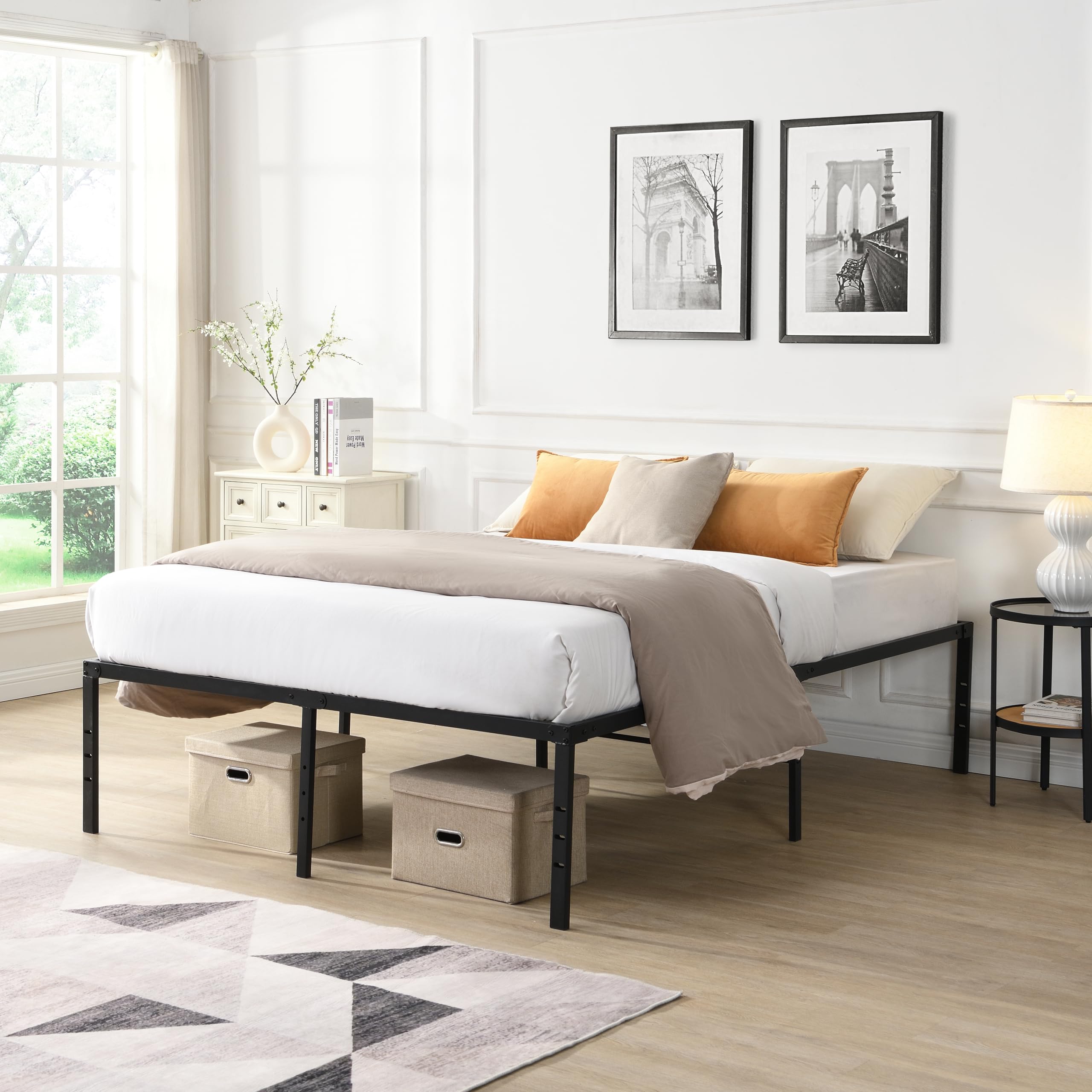 Metal Bed Frame King Size Platform Bed with Storage Space Heavy Duty Mattress Foundation Easy Assembly No Noise
