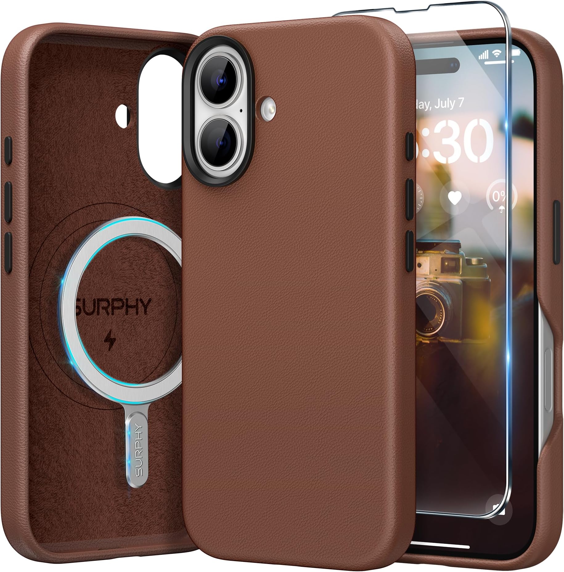 SURPHY Leather Case for iPhone 16 Plus Case with Screen Protector Compatible with MagSafe, Faux Leather Phone Case (Metallic Buttons, Microfiber Lining) for 16 Plus 6.7 inch 2024, Brown