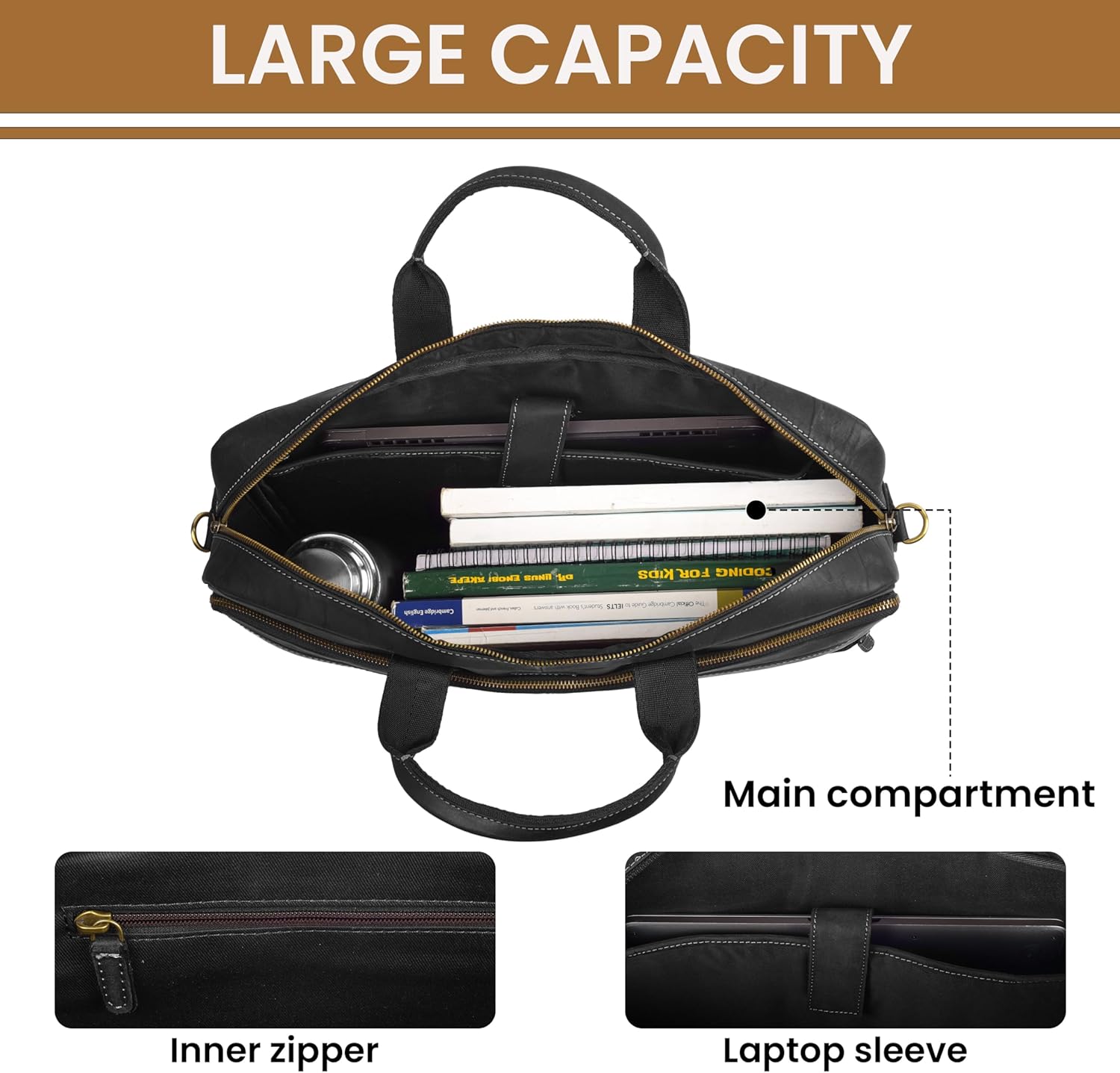 Full Grain Leather Messenger Bag for Men, 16” Briefcase Laptop Satchel Vintage Professional Office Work & Travel Bag - Image 4