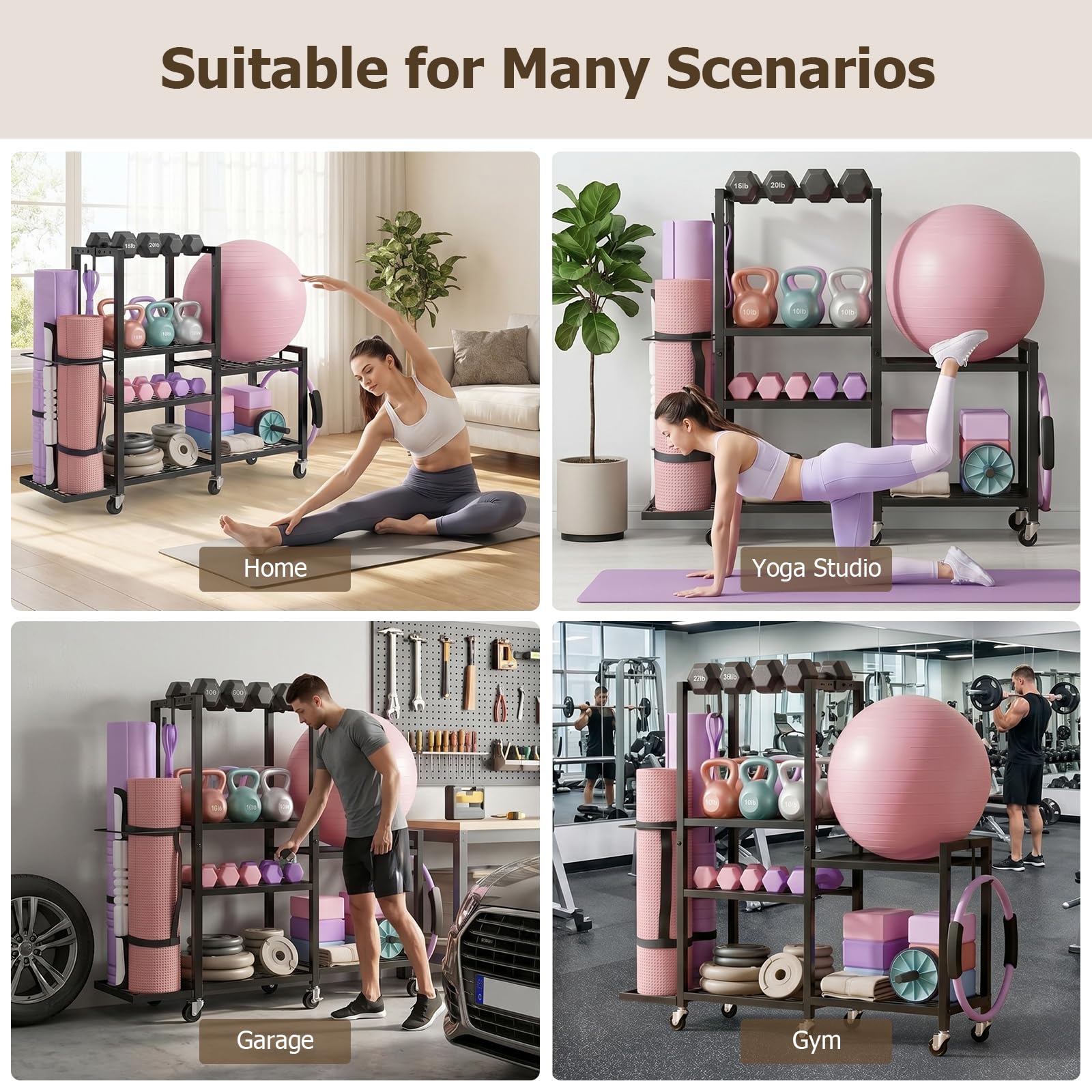 6-Stufiger Home Gym Equipment Hantelständer, Heimgymnastik Aufbewahrungsregal Aufbewahrungsständer Yogamattenhalter, Multifunktionale Hantelablage, Yogamatte Organizer mit Rädern und Haken