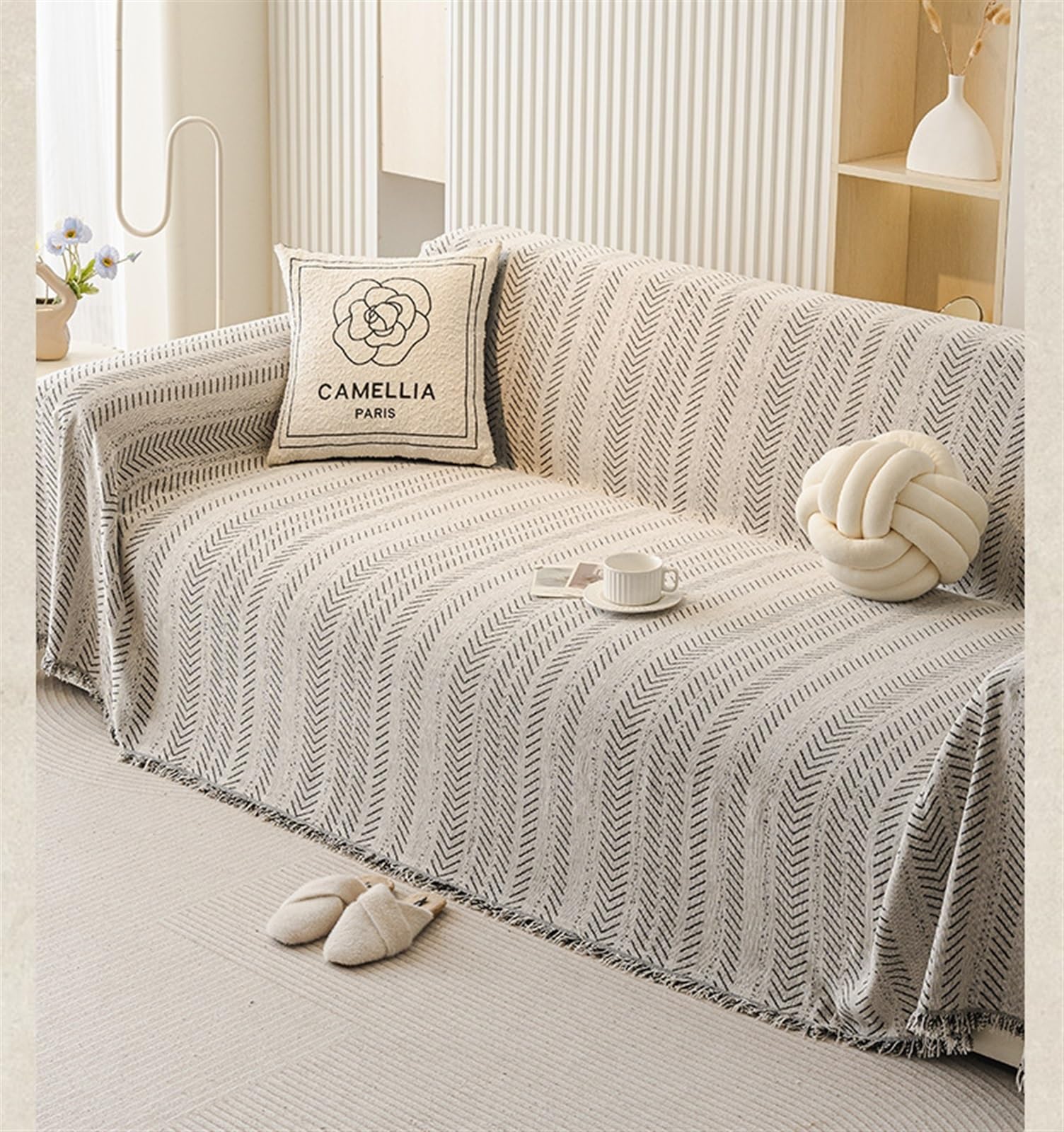 Chenille-Sofaüberwurf, Feiner, Wendbarer Sofabezug, Fischgrätenmuster, Sofahandtuch, Vier Jahreszeiten, Universell Gewebte Quastenüberwürfe, Kratzfester Couchbezug(Black,180X380cm)