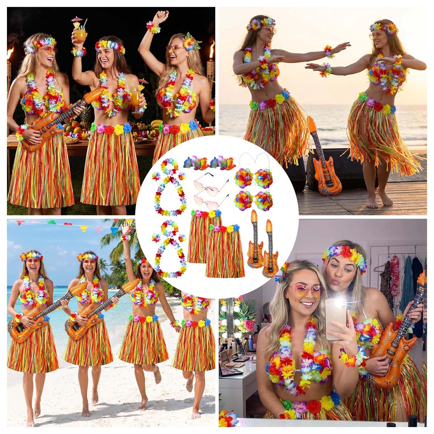 Hawaii Outfit Damen Herren, Hawaii Kostüm Rock mit Blumenketten, Armbänder & Accessoires, Hula Rock für Tropische Strandparty, Sommerfest & Hawaiianischer Dekoration