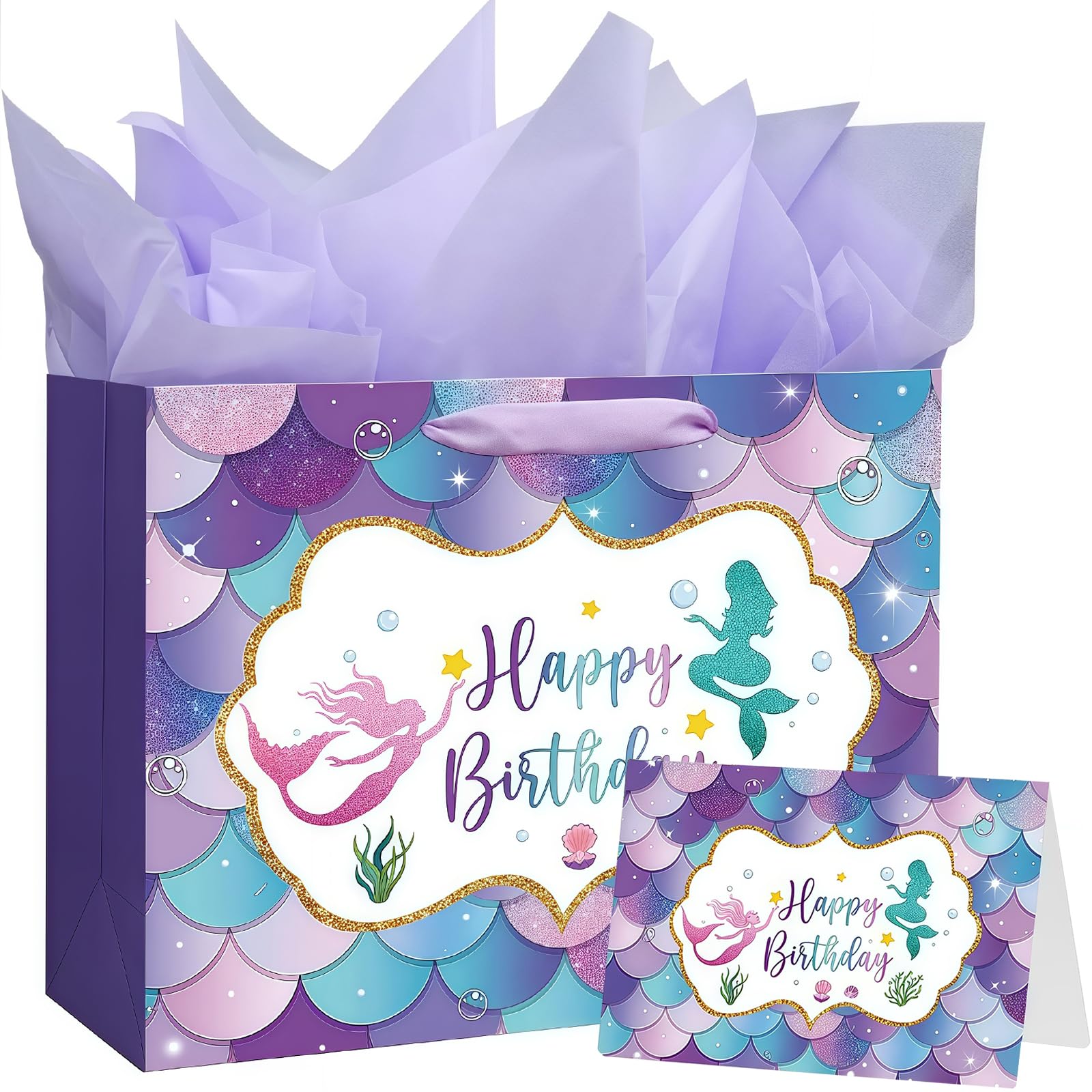 Large Mermaid Gift Bag with 2 Tissue Papers and Greeting Card, Medium Present Bag with Handles, 30 x 12 x 26 cm Birthday Gift Bag for Girls, Mermaid Party Gift Bag