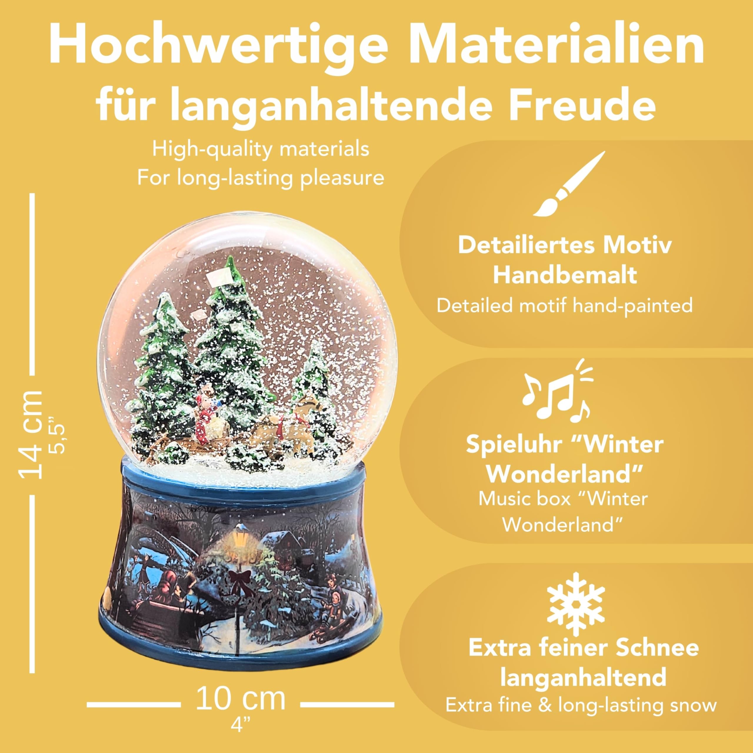 Schneekugel Schlittenfahrt mit Pferdekutsche * auf Sockel nostalgische Winterlandschaft dunkelblau Eisläufer Weihnachten Winter mit Spieluhr - 100mm breit | 20091