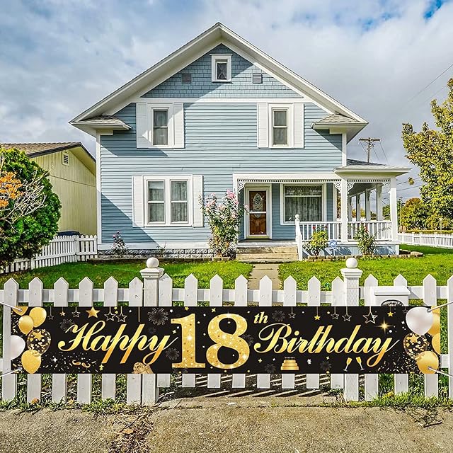 20th Birthday Decorations Banner,Super Large Happy 20th Birthday Party Decorations Black and Gold Backdrop for Boys Girls Garden Table Wall Decoration,71x15.7 inches
