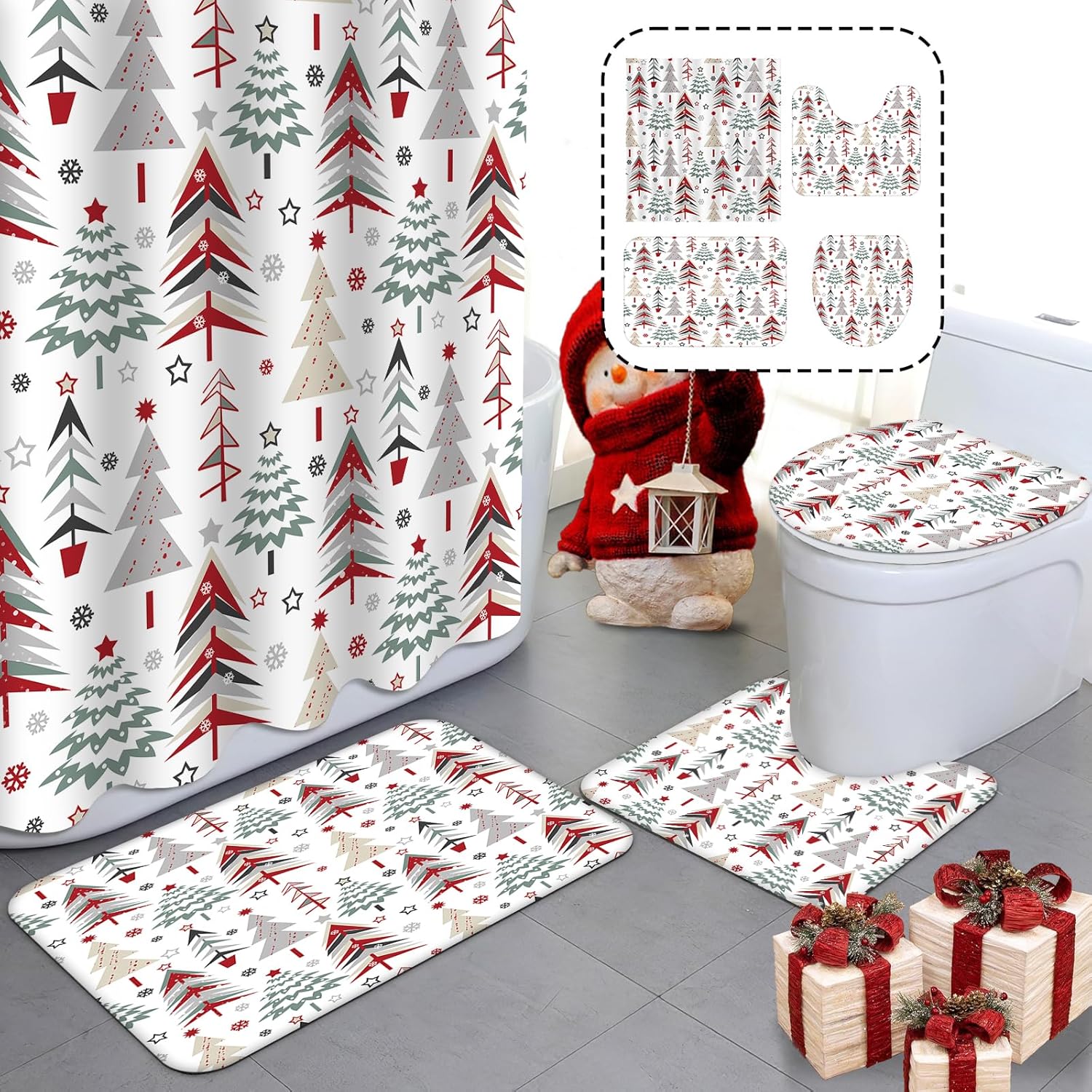MEHOFOND 4pcs Christmas Shower Curtain Sets Xmas Tree Shower Curtain Sets Christmas Bathroom Sets with Shower Curtain and Rugs Toilet Lid Cover and U Shape Mat Washable 72"x72"