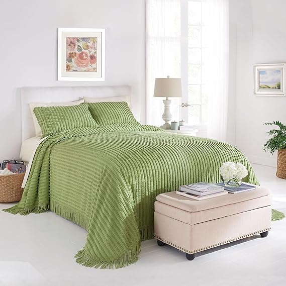 BrylaneHome Oversized Extra Wide Cotton Chenille Bedspread with Fringed Hems - Full, Sage