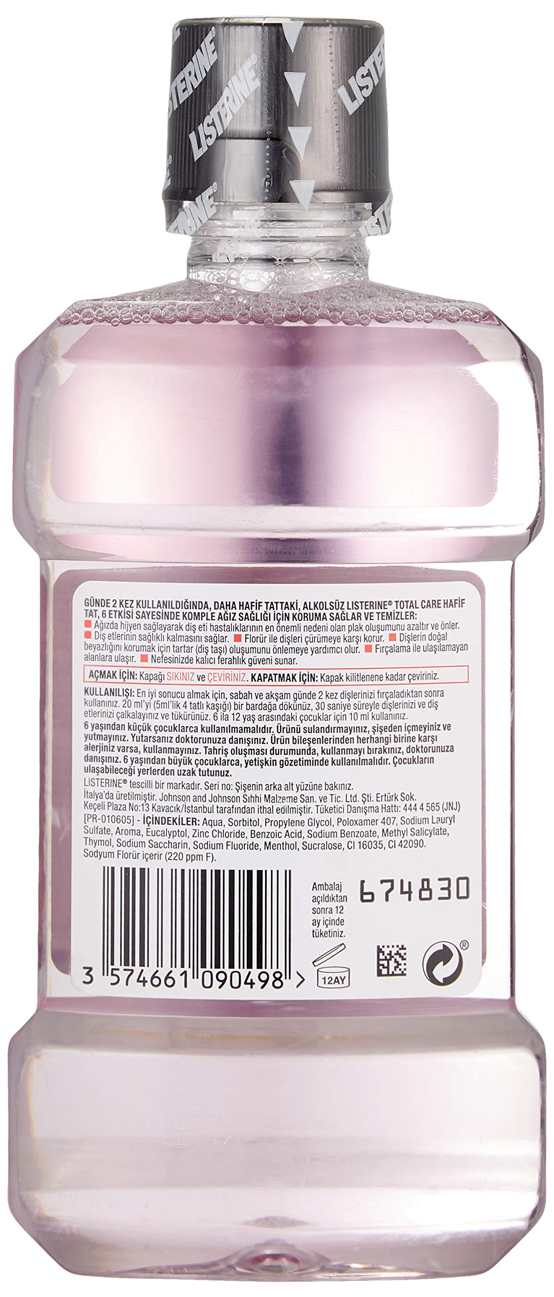 listerine, total care, diş koruyucu, 6 etkili florürlü ağız bakım ürünü, hafif tat, sıfır alkol, nane aromalı, 250ml 2li paket