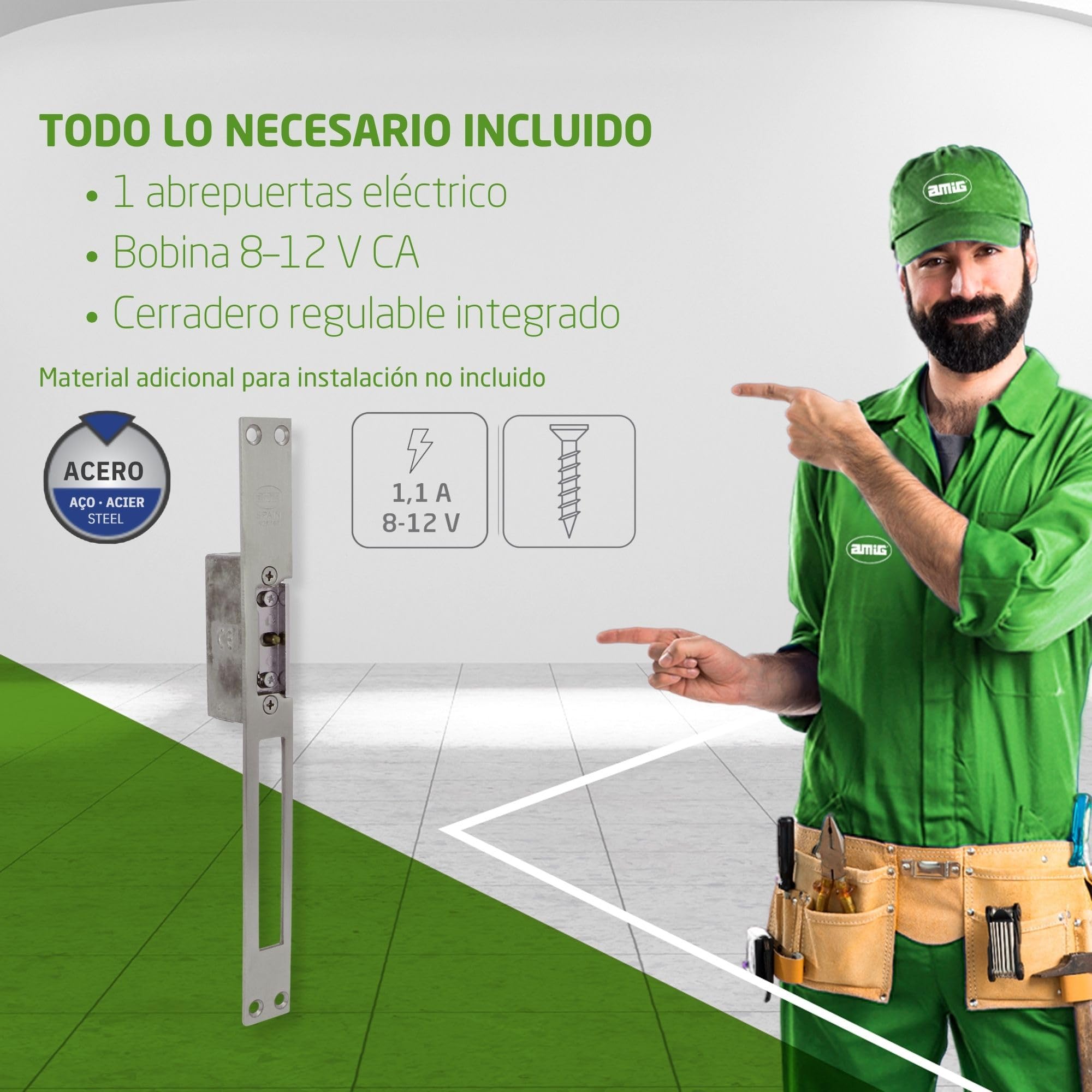 Amig - Abrepuertas Eléctrico de Embutir para Puertas - Mod.20-250 x 25 x 3 mm - Amperaje: 1,1 A - Incluye Bobina de 8-12 V de Corriente Alterna - Cerradero para Portales, Tiendas u Oficinas