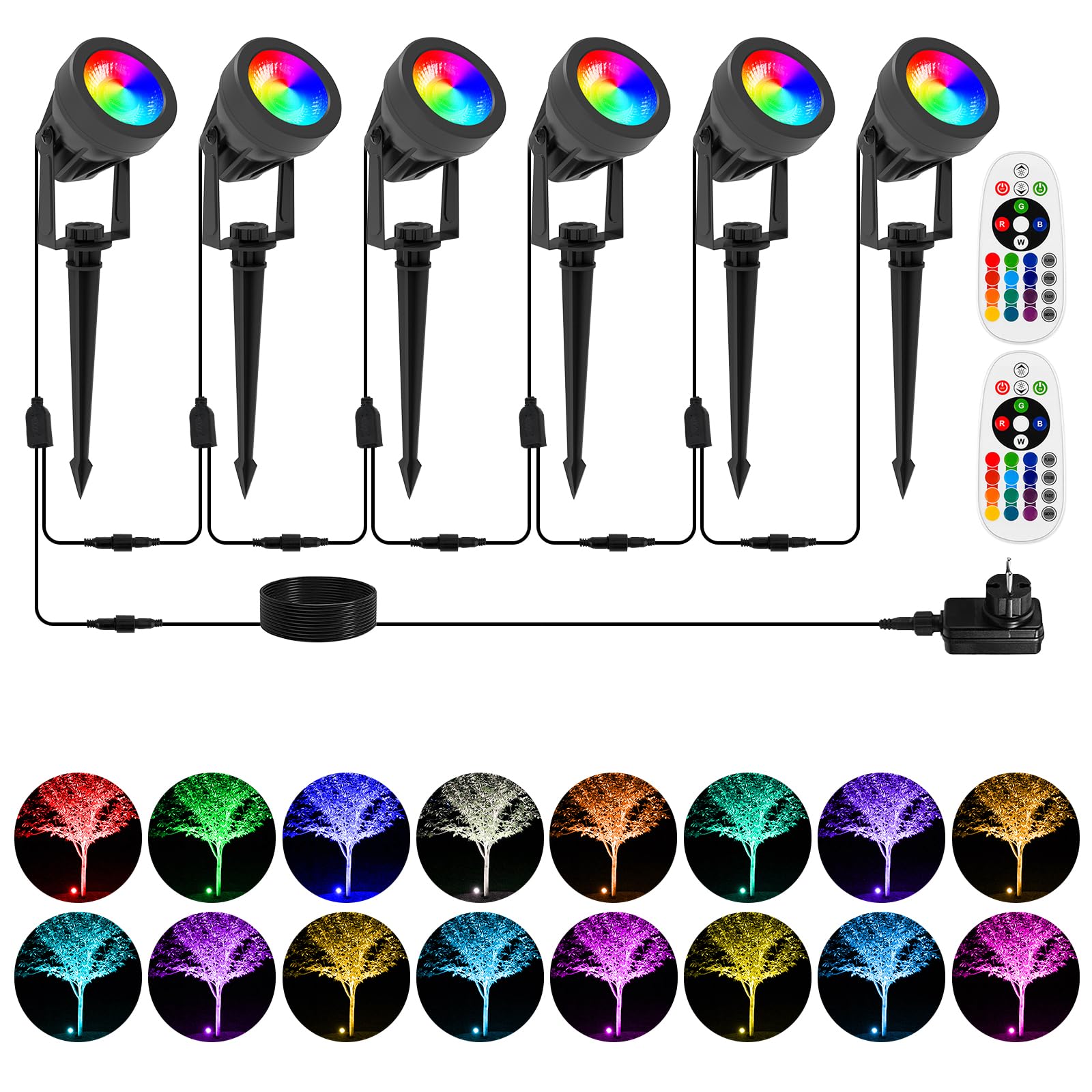 T-SUNUS Gartenstrahler LED RGB, 6er Gartenbeleuchtung RGB 12V mit Fernbedienung, IP65 Wasserdicht 16 Farben und 4 Modi, Gartenleuchte mit Erdspieß für Außen Weg Garten Weihnachten