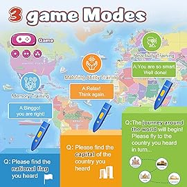Qiaojoy Bilingual Interactive World Map for Kids Learning and Educational Toys, Talking Electronic Kids World Map i-Poster Geography Games Ages 3 to 12 Years Old, Custom Talking Birthday Gifts Card