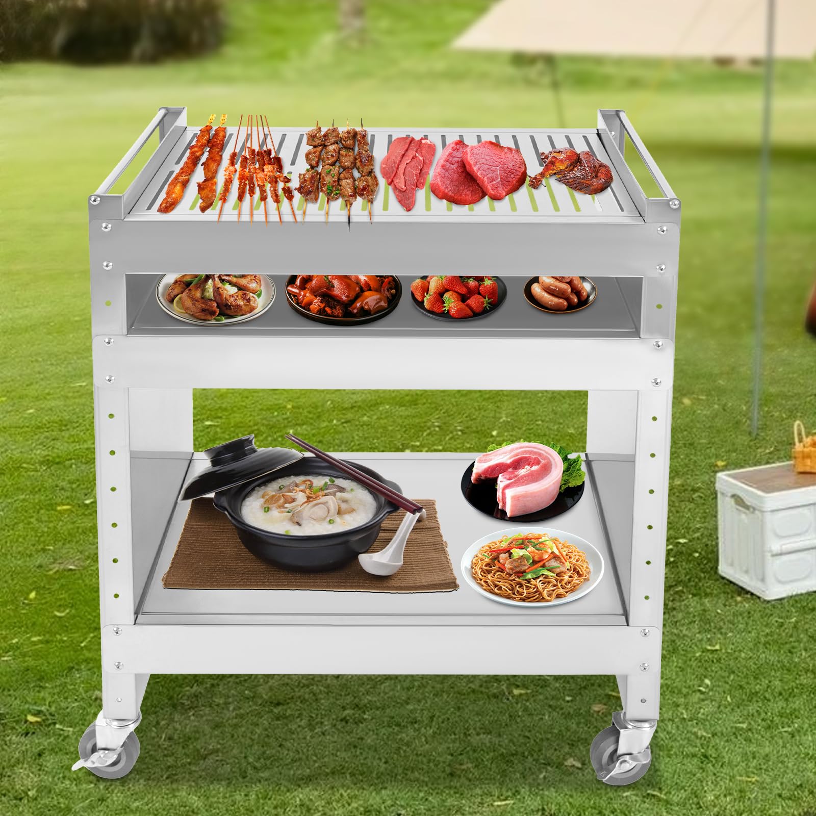 3-poziomowy grill na kółkach ze stali nierdzewnej, wózek kuchenny z kółkami i regulowaną półką, metalowy grill stojący, na kemping, piknik