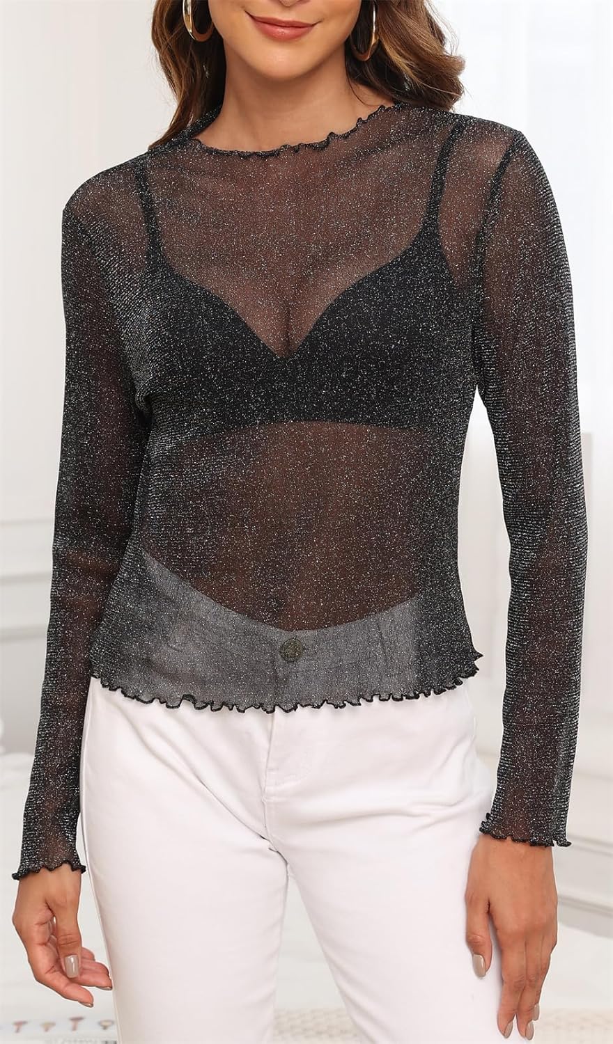 Womens Stretchy Glitter Sheer Mesh Blouse Tops Sexy T Shirt for Layering, Club, Concerts & Party - Image 4