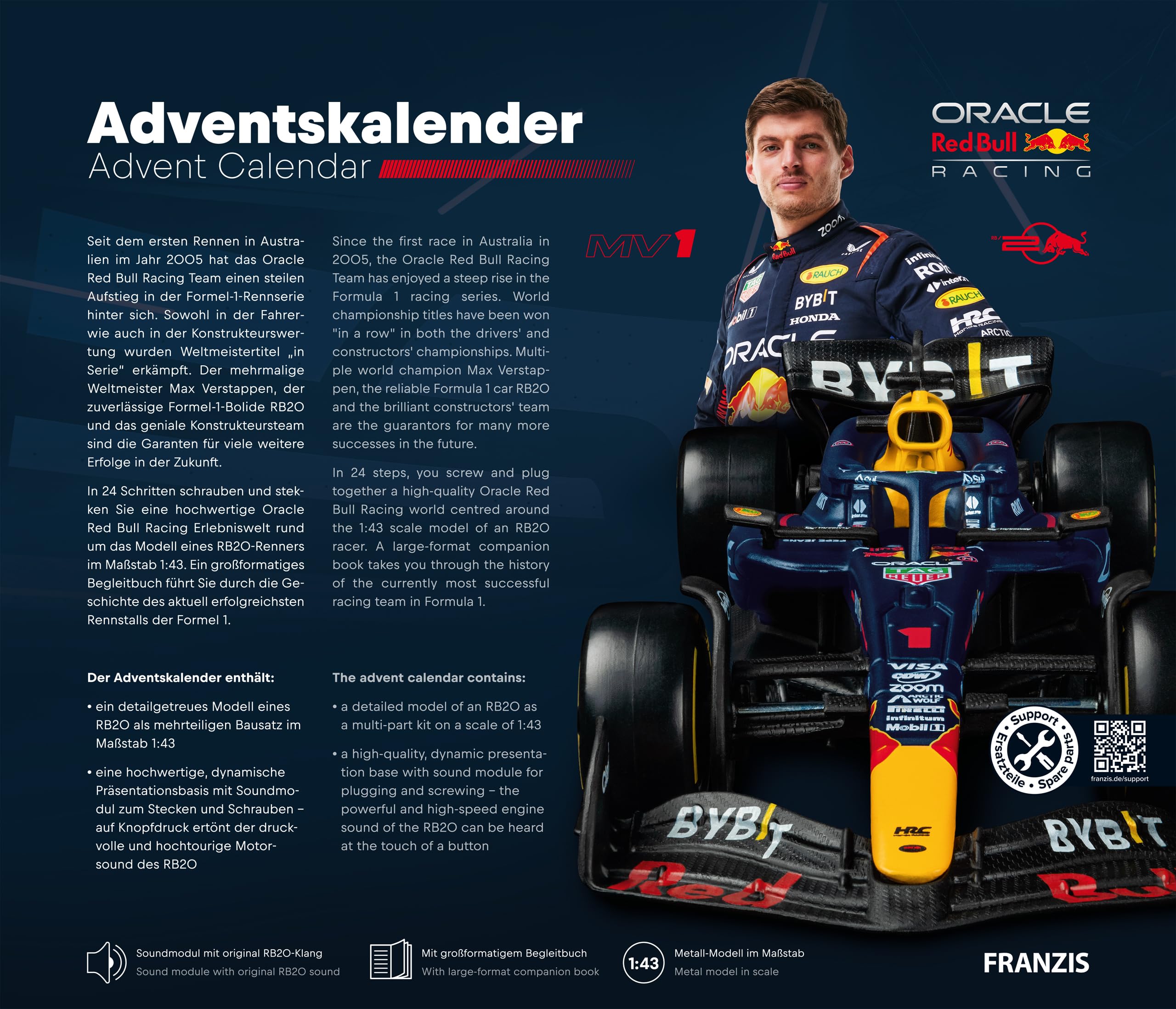 FRANZIS 67245 - Oracle Red Bull Racing Adventskalender 2025 - Modellbausatz im Maßstab 1:43, inkl. Soundmodul und 52-seitigem Begleitbuch