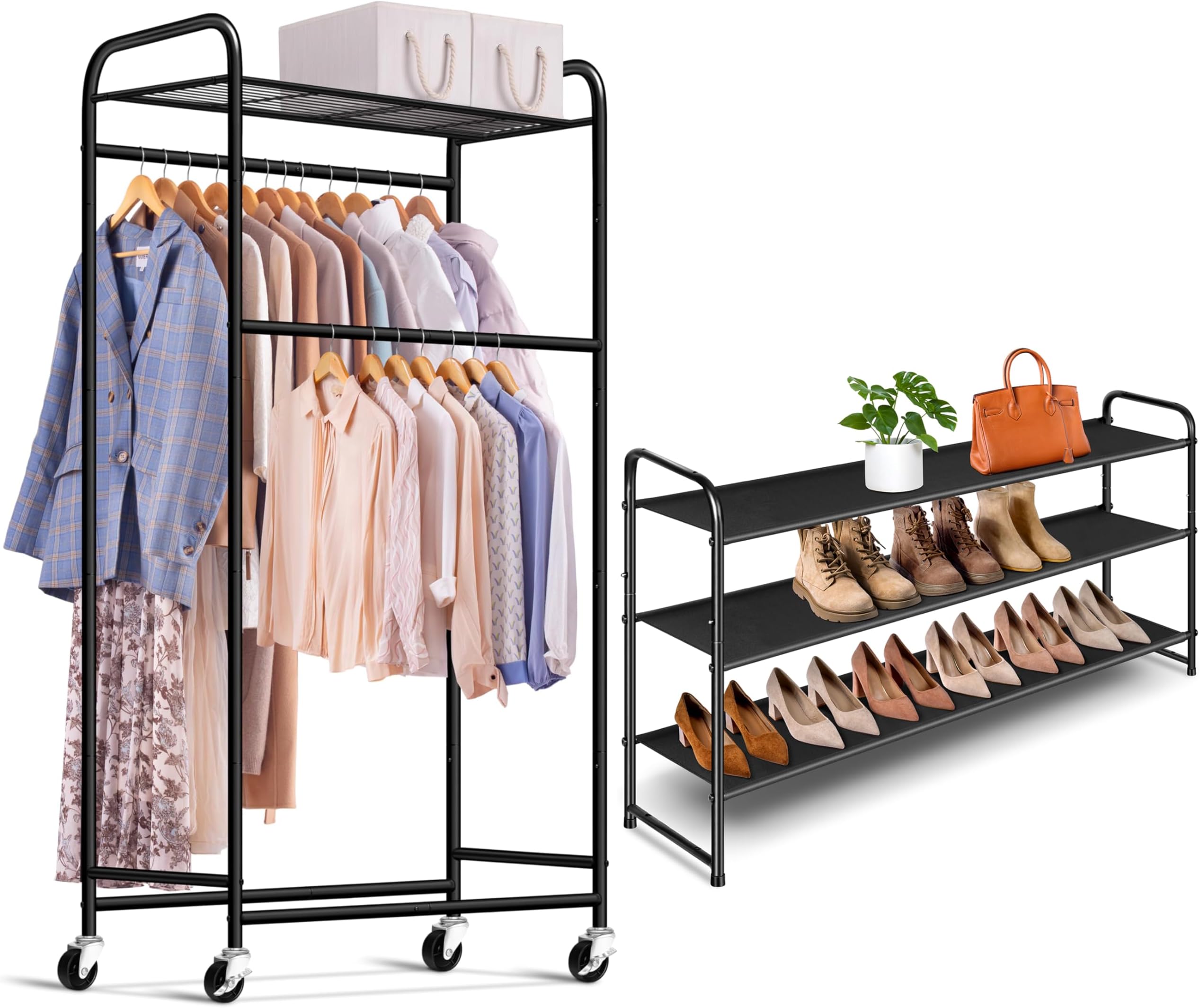 AOODA Double Rod Long Clothing Racks for Hanging Clothes, 3Tier Long Shoe Rack for