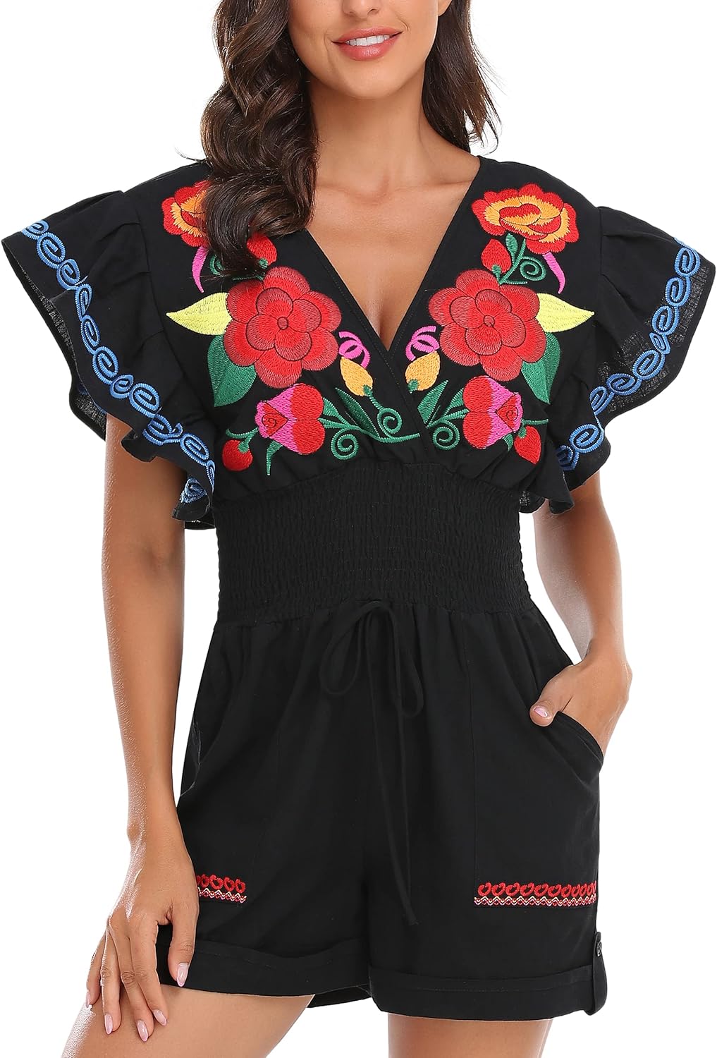 YZXDORWJ Women's Mexican Short Romper Typical Embroidered Floral V Neck Butterfly Sleeve Jumpsuit - Image 5