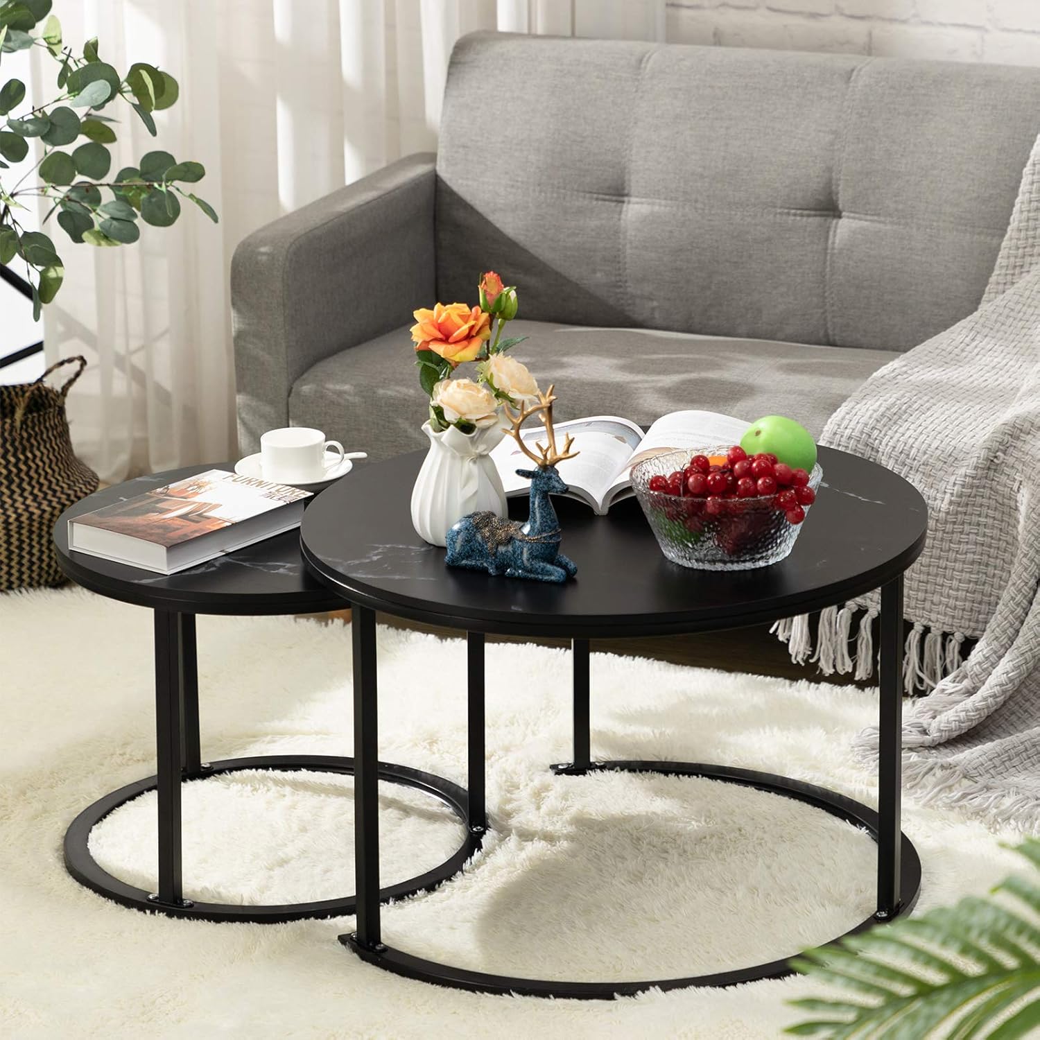 HollyHOME Modern Round Nesting Side Table Set of 2, Wood Coffee and Snack End Table with Metal Frame, Accent Tea Table for Living Room, (D) 27.56" x(H) 17.72", (D) 19.69" x(H) 15.75", Blac : Home & Kitchen