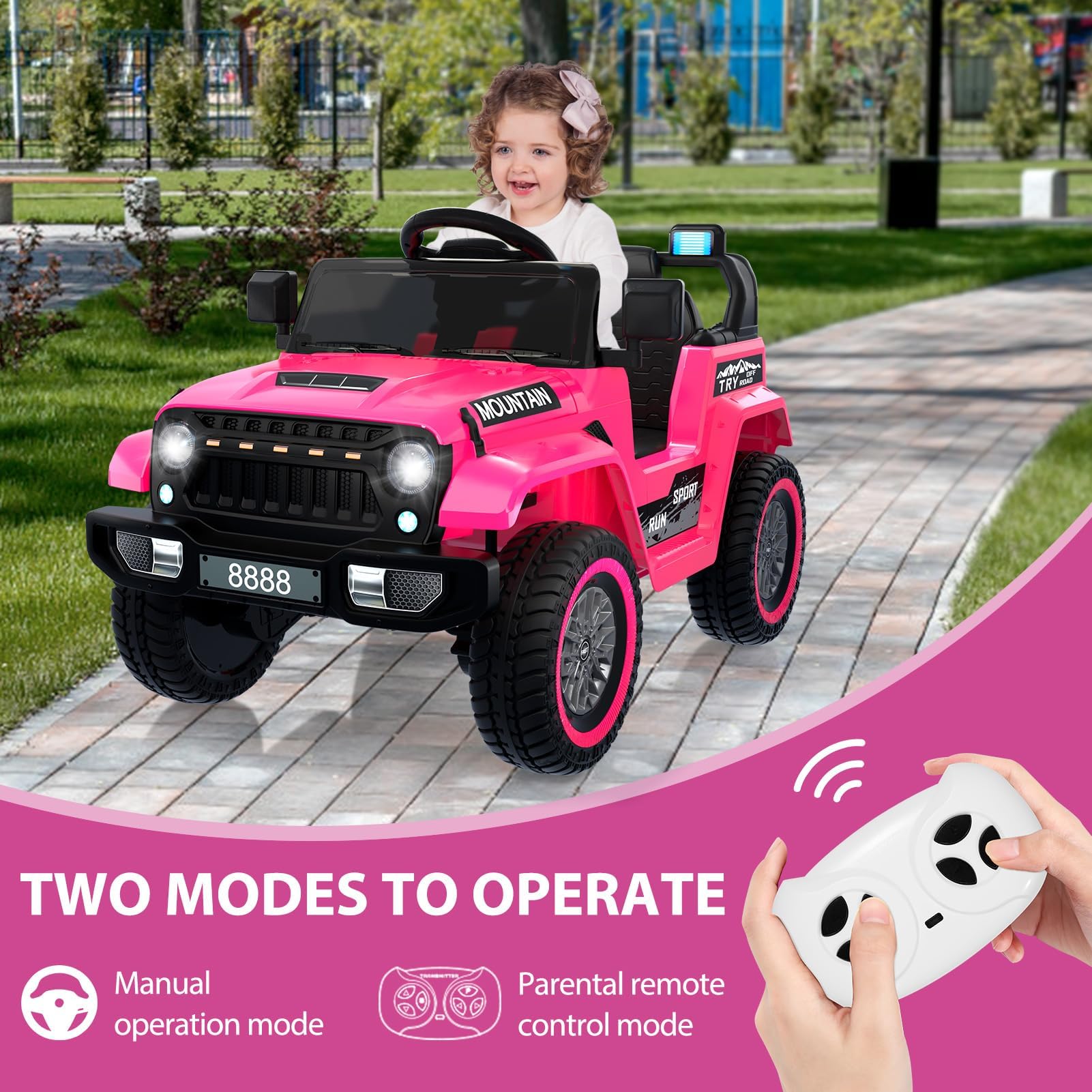 Coche Eléctrico para Niños 12V, Carro Eléctrico Infantil con Mando Control Remoto, Suspensión de Muelles, 3 Velocidades, Luces LED, Música, Bocina, Juguete Regalo para Niños de 3+ Años, Rosa