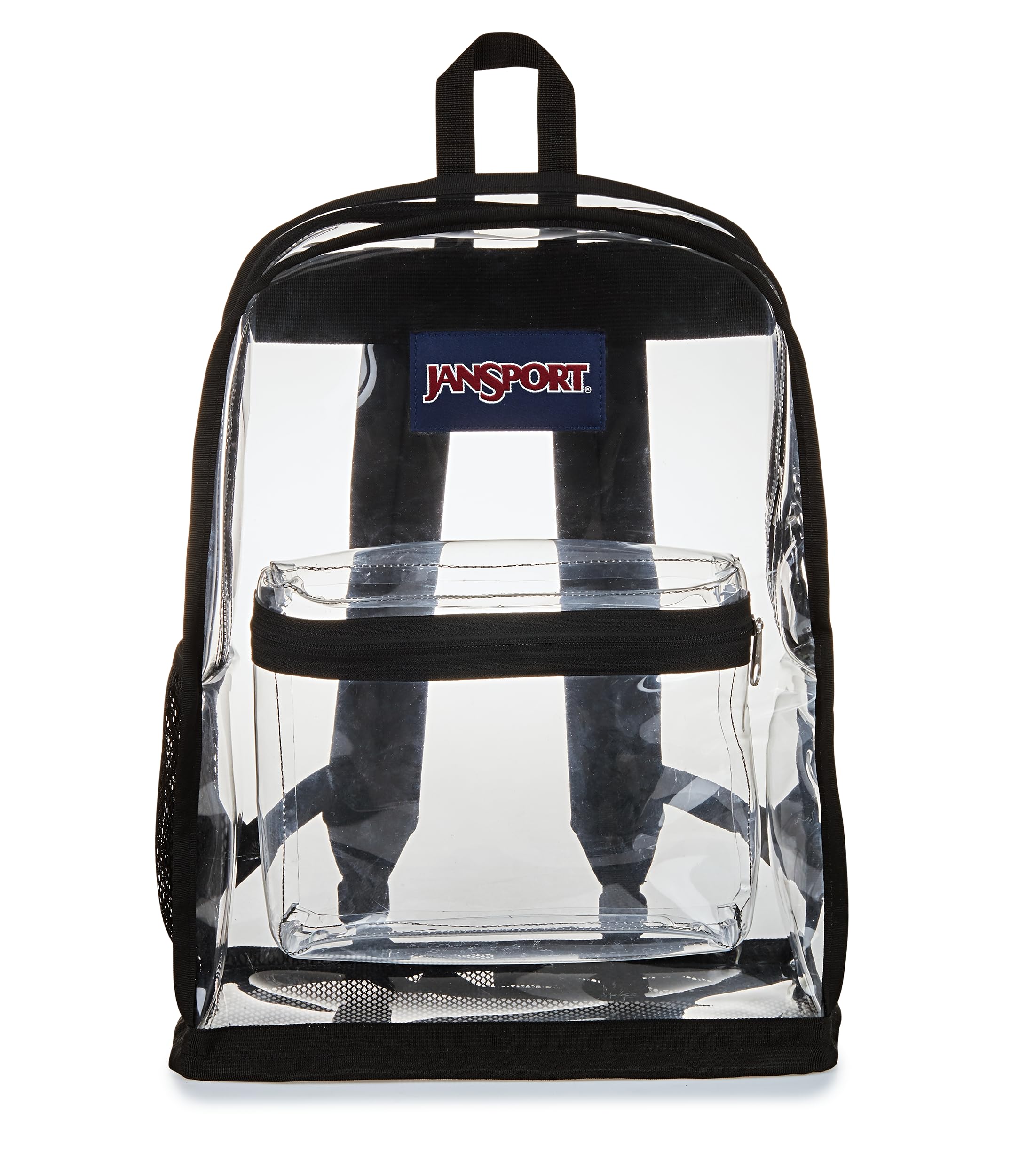 JanSport Clear Pack – 25.5L Transparent Backpack, Large Main Compartment, Side Water Bottle Pocket, Front Zippered Pocket, Mesh Bottom Panel, Clear