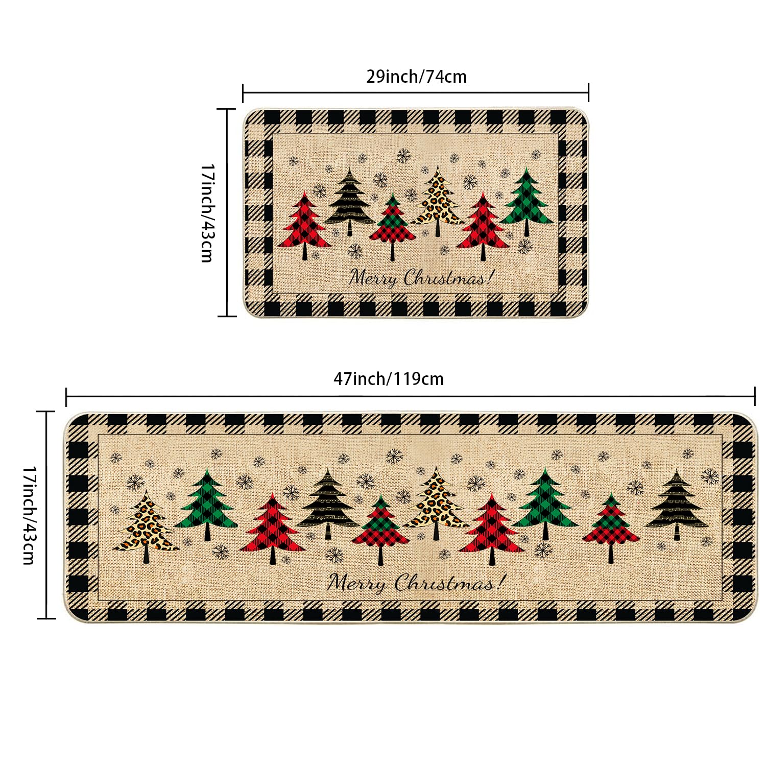 VAKADO Fußmatte mit weihnachtlichem Büffelmuster, flecken- und lichtbeständig, rutschfeste Gummi-Unterseite, leicht zu reinigen, für Küchentür, Haustür, 43,2 x 73,2 cm, 43,2 x 129,2 cm, 2 Stück