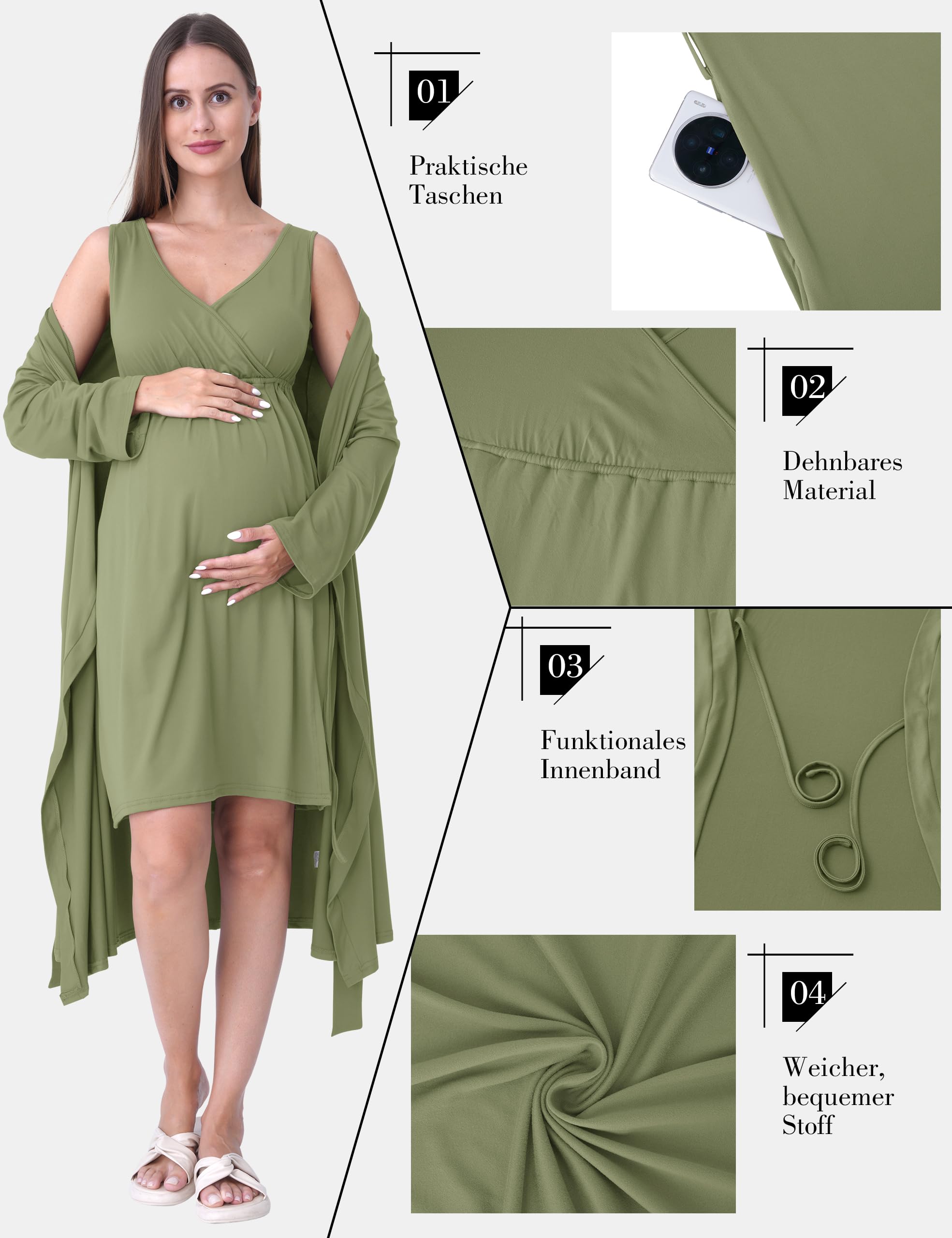 SUNNYBUY Chemise de nuit de grossesse et d'allaitement avec peignoir 2 pièces | Ensemble de robe de nuit 3 en 1 pour naissance, lit de semaine et allaitement