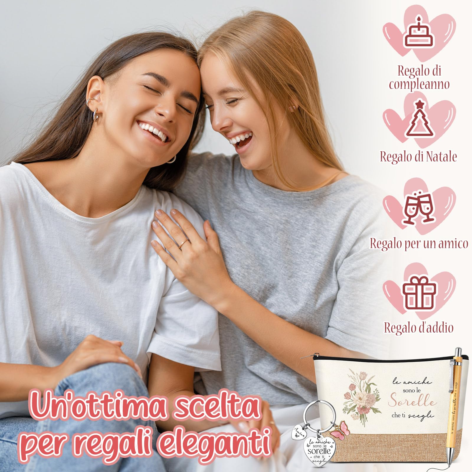 Jadive 3 Pezzi Set Regali da Fare alla Sorella Includere Pochette Cosmetica in Lino Patchwork Portachiavi Amicizia Penna a Sfera Legno per Donna Migliore Amica Compleanno Laurea Universitari Ufficio