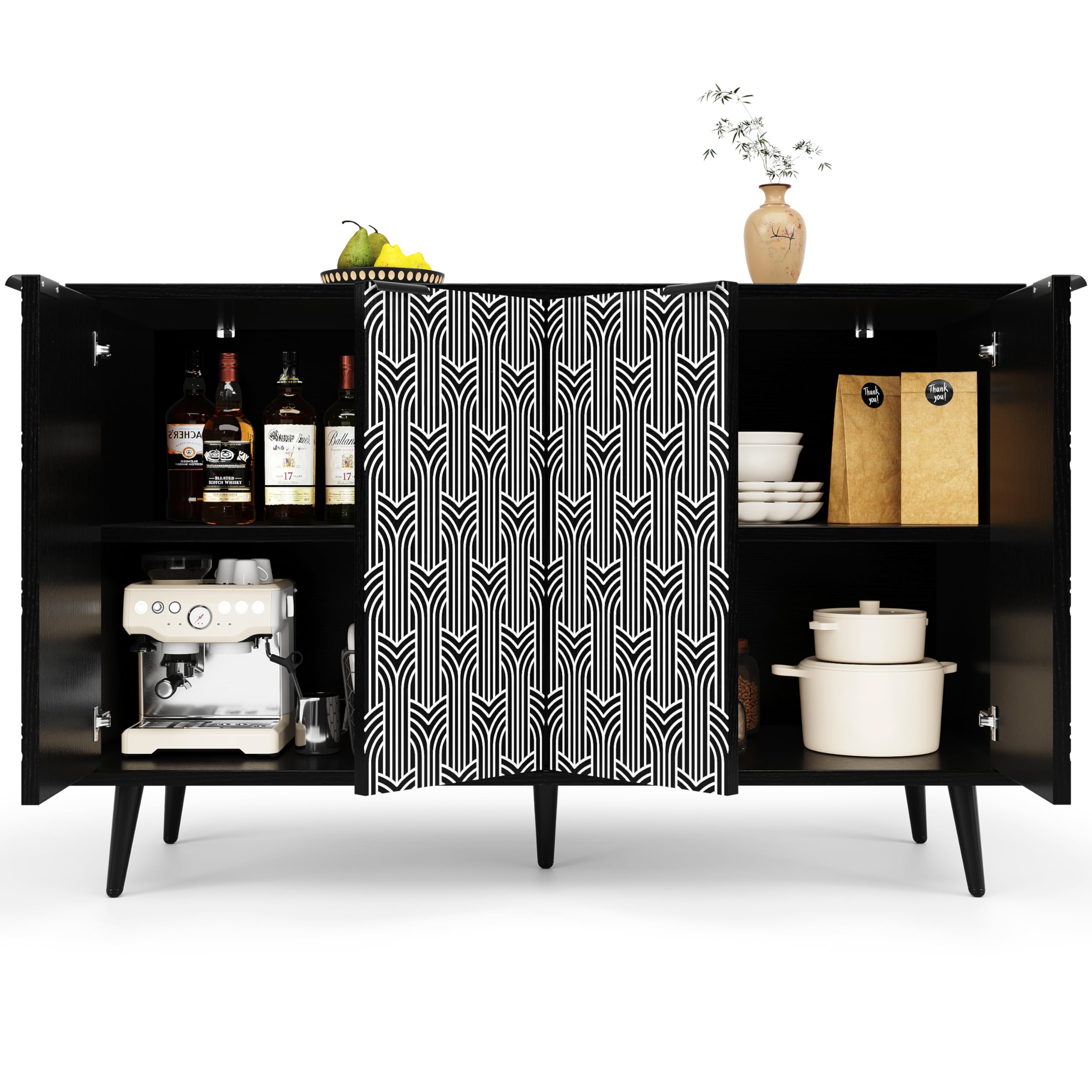 Credenza 120 Cm Nera Con Ante Geometriche Incise E Ripiani Interni Regolabili, Credenza Cucina Salvaspazio In MDF Con Piedini In Metallo, Buffet Funzionale Per Cucina Soggiorno Sala Da Pranzo