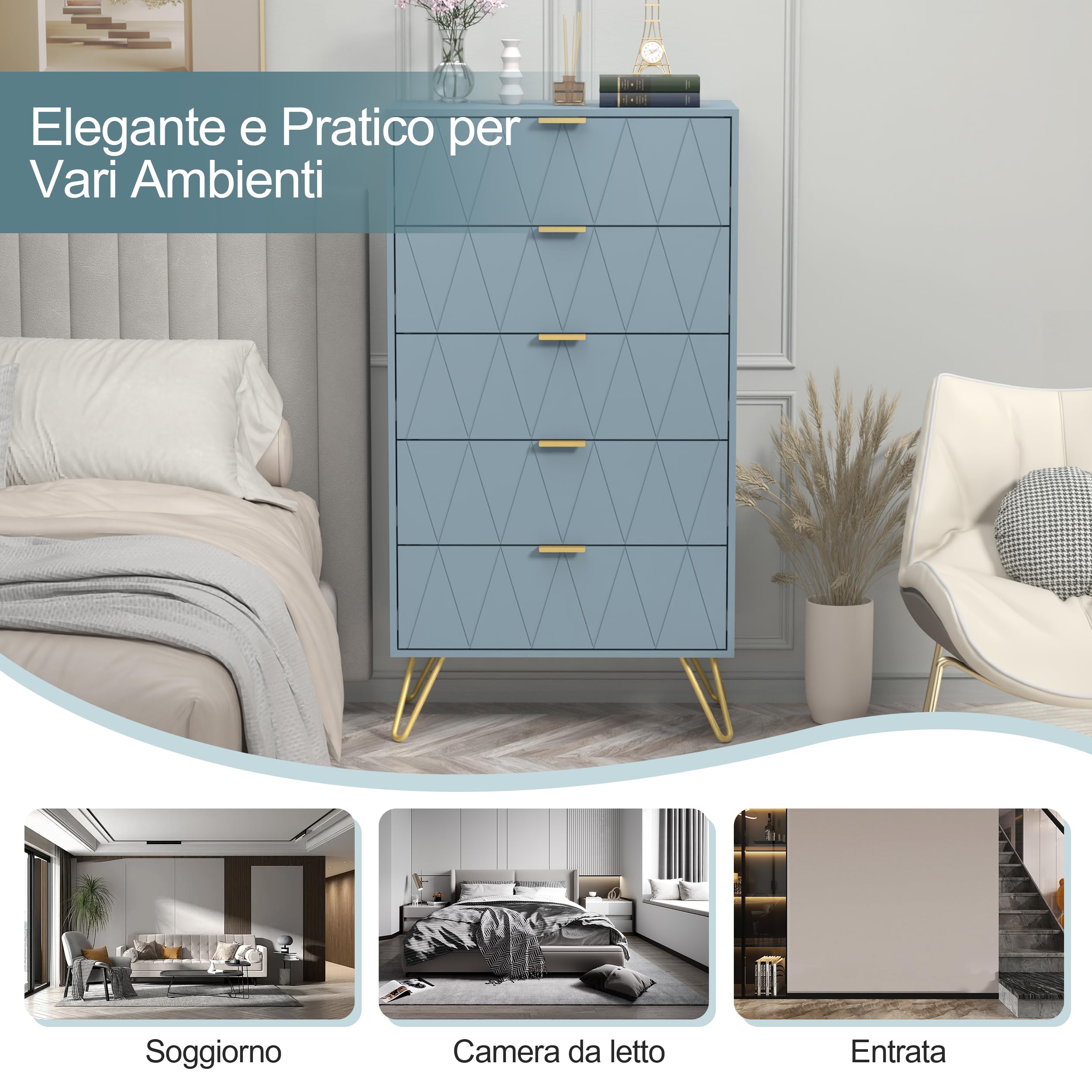 UEV Cassettiera a 5 Cassetti, Comò con Modello di linee di superficie in Legno Ingegnerizzato, con Maniglie e Gambe Dorate, per Soggiorno, Camera da Letto, Corridoio, 60 x 34 x 110 cm, Grigio-Blu