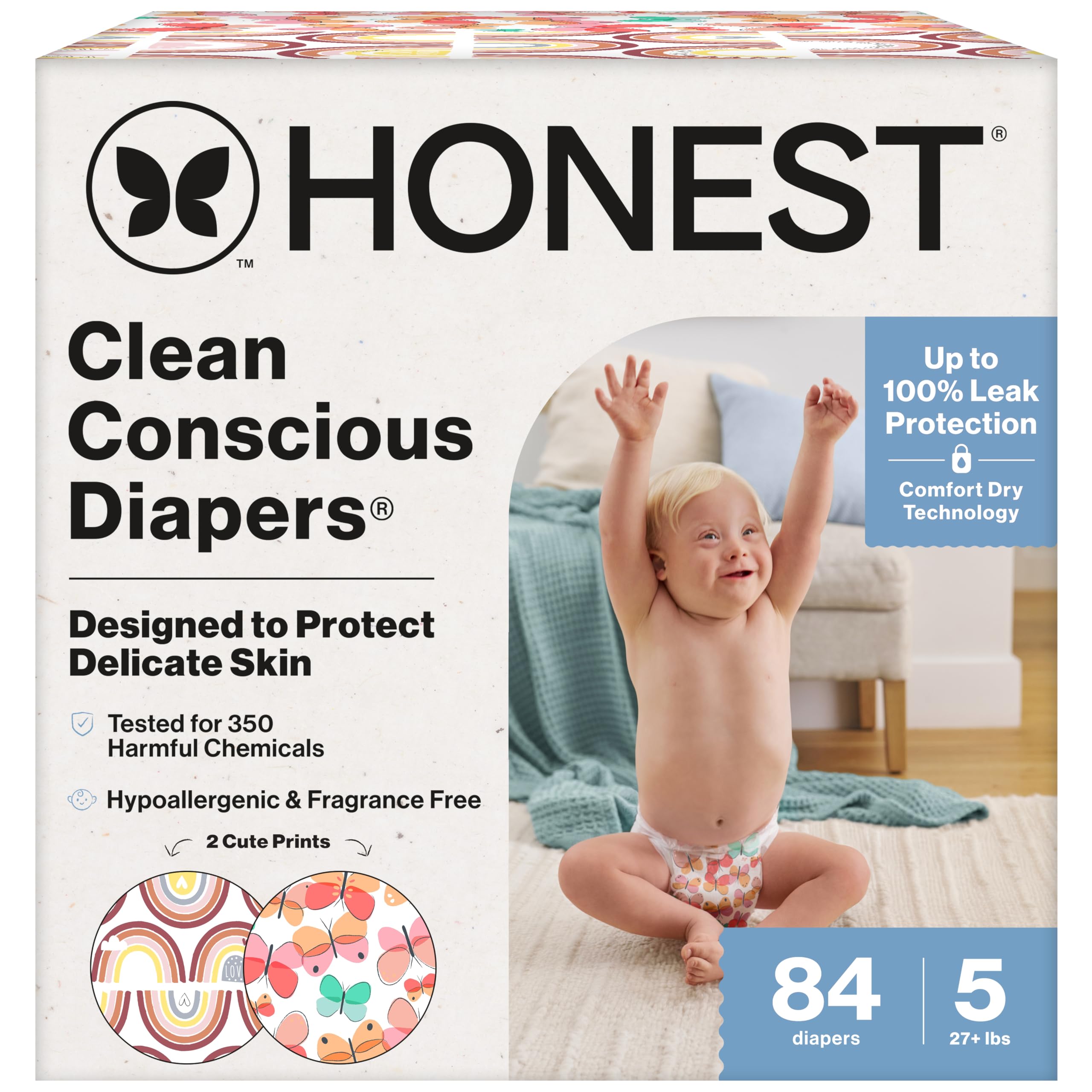The Honest Company Clean Conscious Diapers | Plant-Based, Sustainable | Wingin' It + Catching Rainbows | Super Club Box, Size 5 (27+ lbs), 84 Count