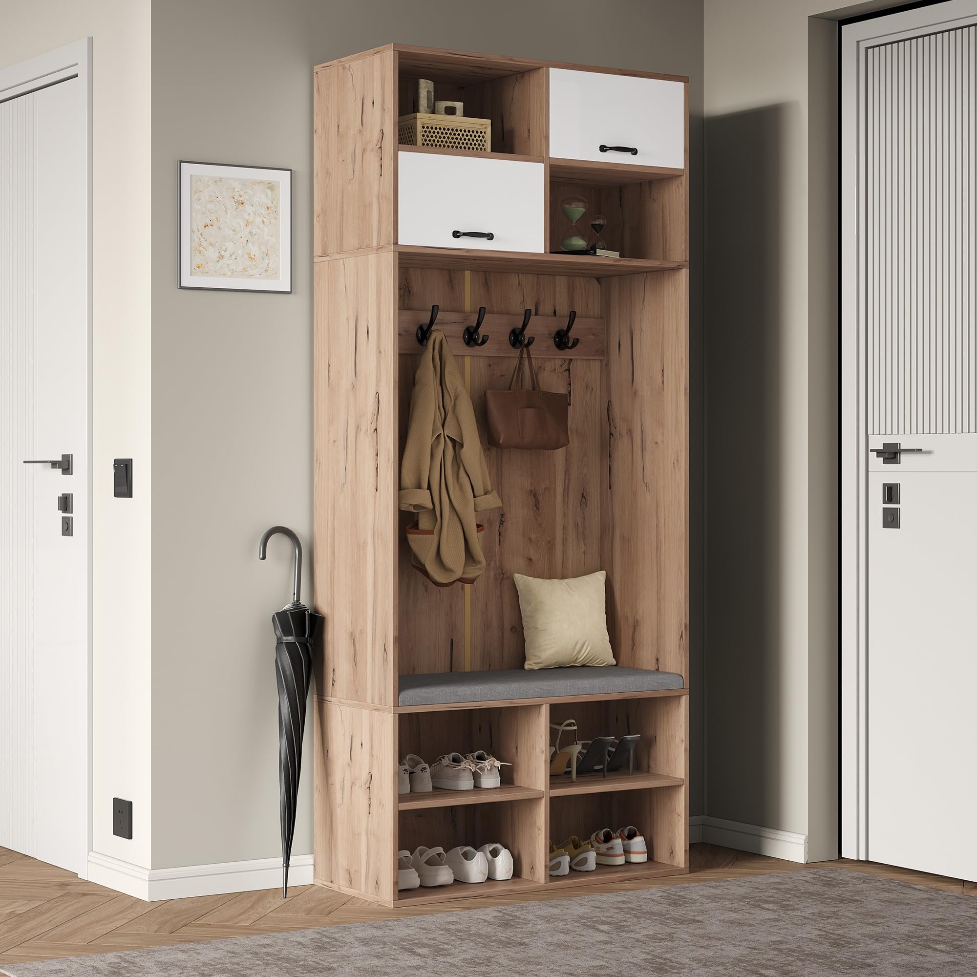Garderobenset, Komplett-Set Flurgarderobe mit Sitzbank, 5 Haken, 2 Türen & 6 Offener Lagerraum - Naturholzfarbe und Weiß, 80×185×35 cm