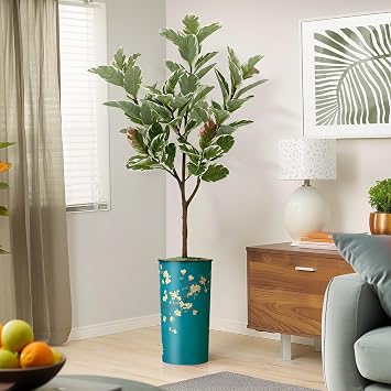 Artificial Tree in Almond Blossom Tree Pattern Planter, Fake Rubber Silk Tree for Indoor and Outdoor Home Decoration - 70" Overall Tall Plant Pot Plus Tree