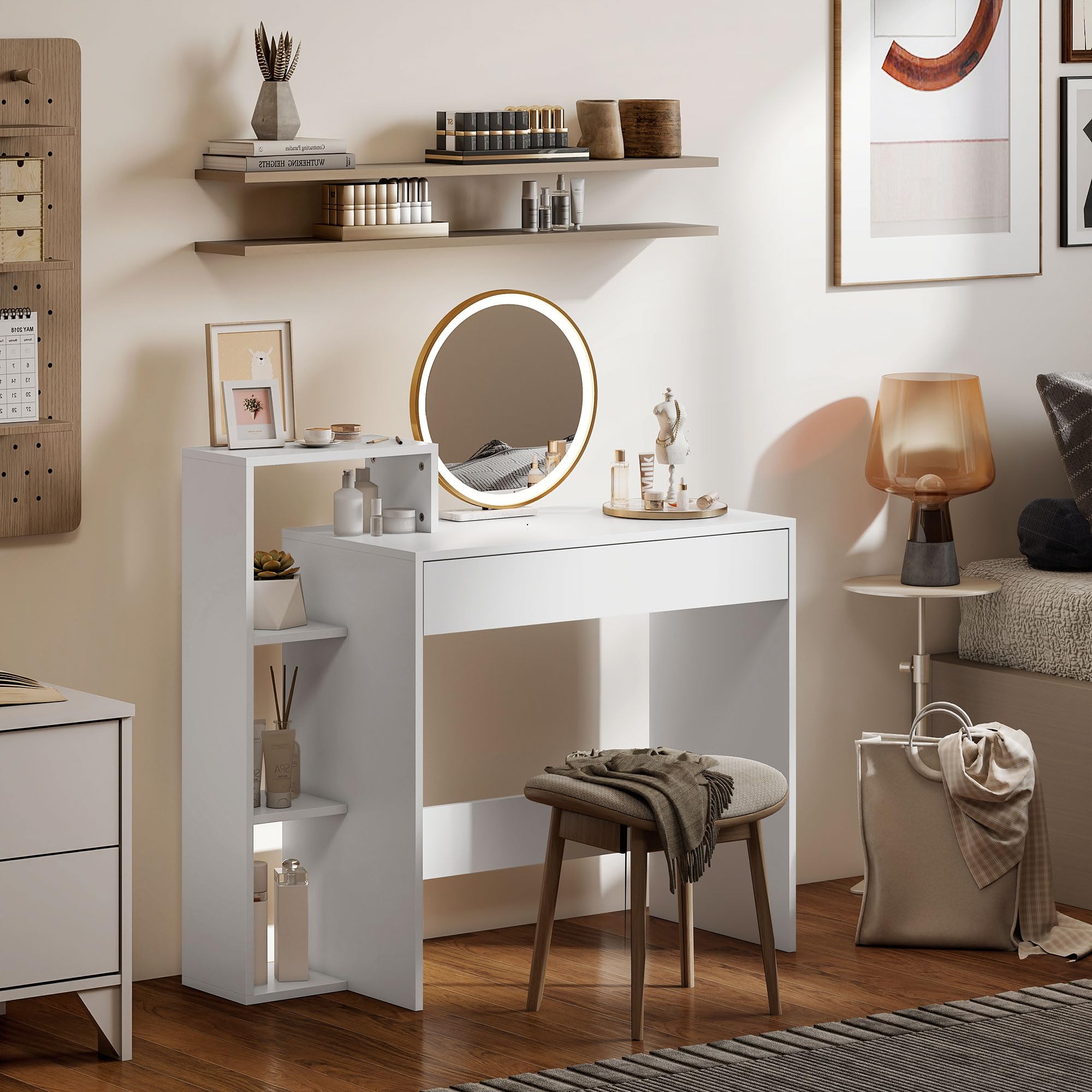 HOMCOM Scrivania Salvaspazio Moderna con 3 Ripiani Aperti e Cassetto Grande, Scrivania con Libreria in Legno, Tavolo Porta PC per Computer, per Ufficio, Studio e Camera da Letto, 100x40x90cm, Bianco