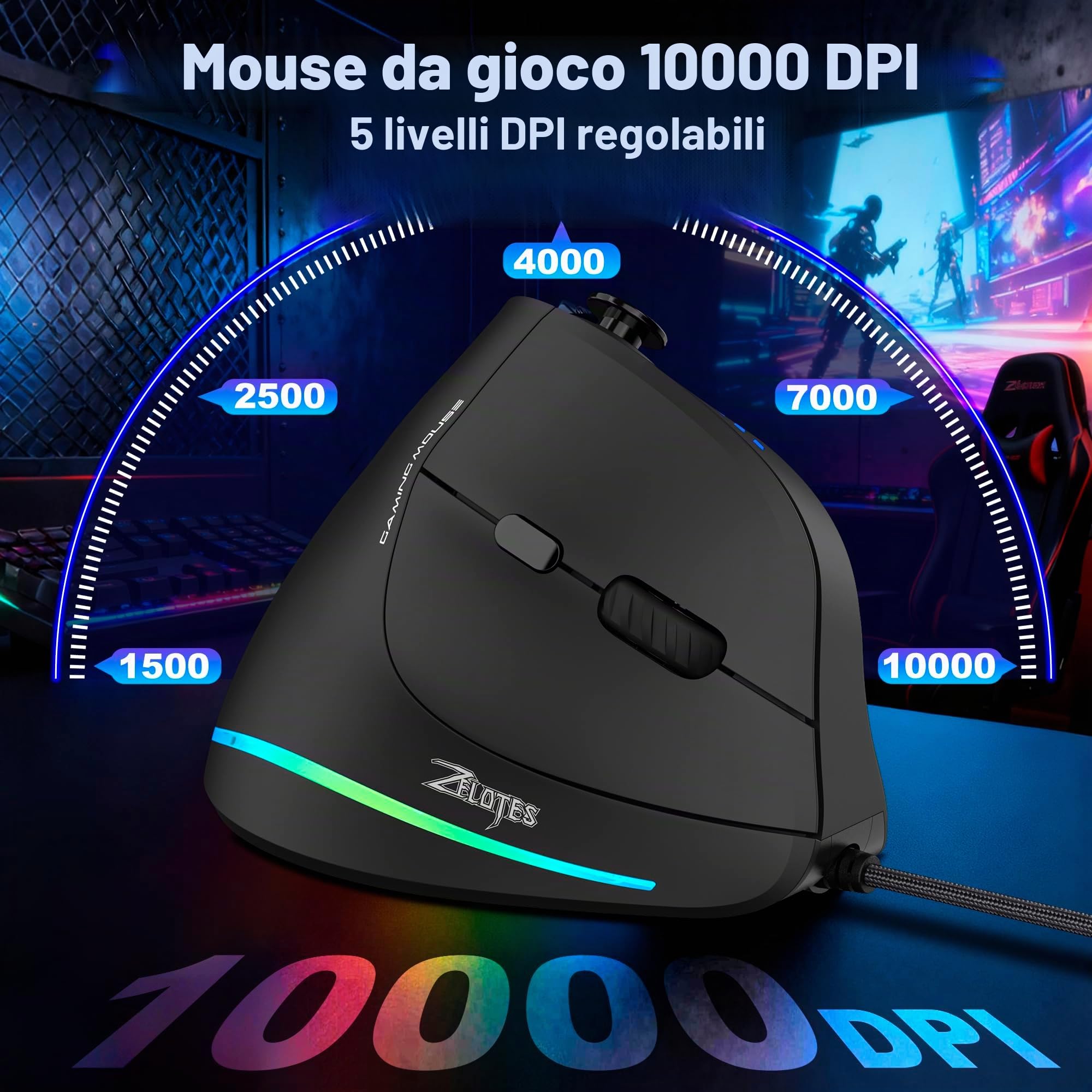 TRELC Mouse da gioco con bilanciere 5D, mouse ergonomico con 10000 DPI/11 pulsanti programmabili, mouse da gioco verticale RGB cablato per PC/laptop/e-sport/gamer (nero)