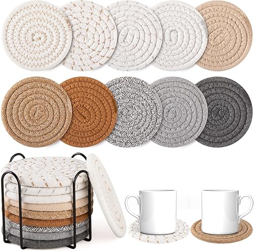 OIAHOMY Juego de posavasos de 10 piezas con soporte, juego de posavasos tejido de algodón bohemio, protección absorbente para varias tazas, ideal