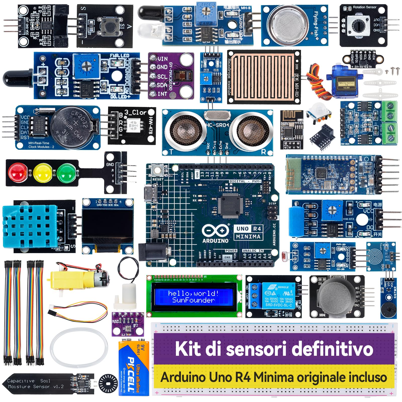 SunFounder Ultimate Sensor Kit con Arduino Uno R4 Minima originale, conforme a RoHS, sensori durevoli IoT ESP8266 IIC LCD1602 OLED, tutorial online e video corsi per principianti e ingegneri