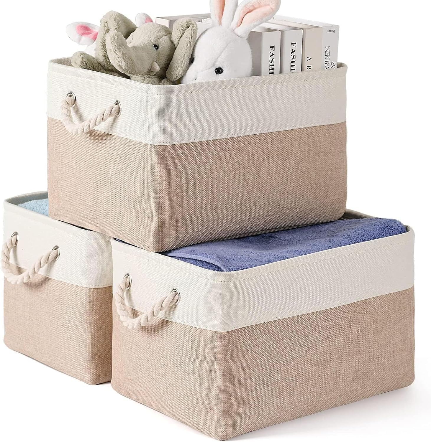 Tikwoork 3Pack Storage Bins for Shelves,Small Storage Baskets for Organizing,Foldable Fabric Storage Cubes Closet Organizer with Ropes,Toy Basket for Toys Closet Cloth(26x36x16cm)