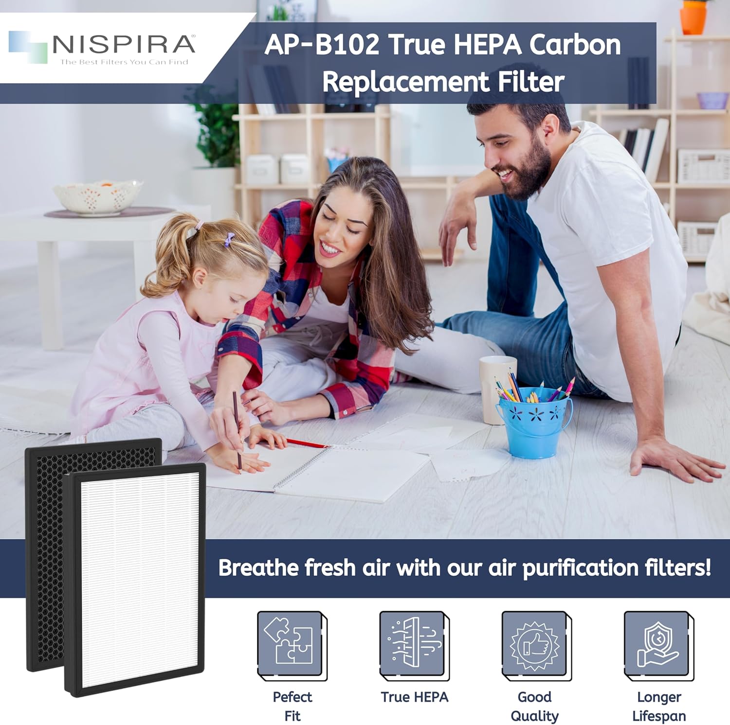 Nispira AP-B102 True HEPA Carbon Replacement Filter Compatible Alexapure Breeze Air Purifier 3049, 2 Packs - Image 2