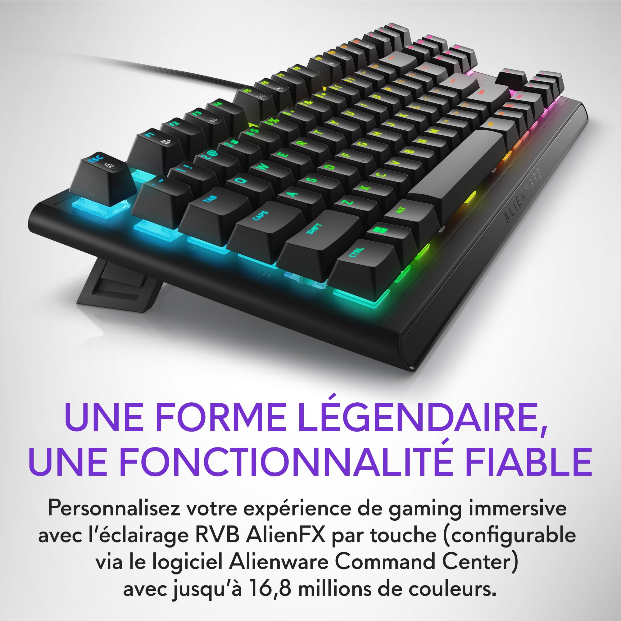Alienware AW420K Clavier Gaming Filaire QWERTY, format compact sans pavé numérique, Cherry MX Red, touches PBT durables, rétroéclairage AlienFX RVB, USB détachable, Dark Side of the Moon