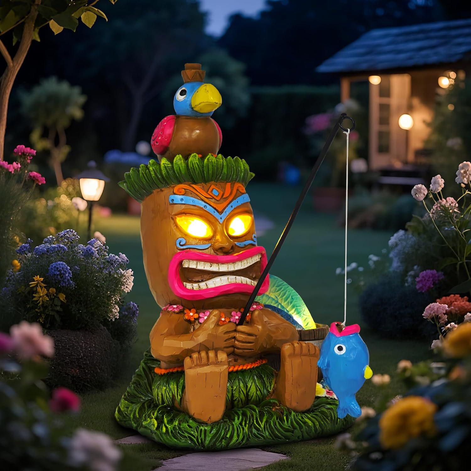 Solar Tiki Garden Statues: 8'' Funny Tiki Bar Decor with Solar Light Outside Decoration for Lawn Yard Patio Garden Gifts for Housewarming (Fishing)