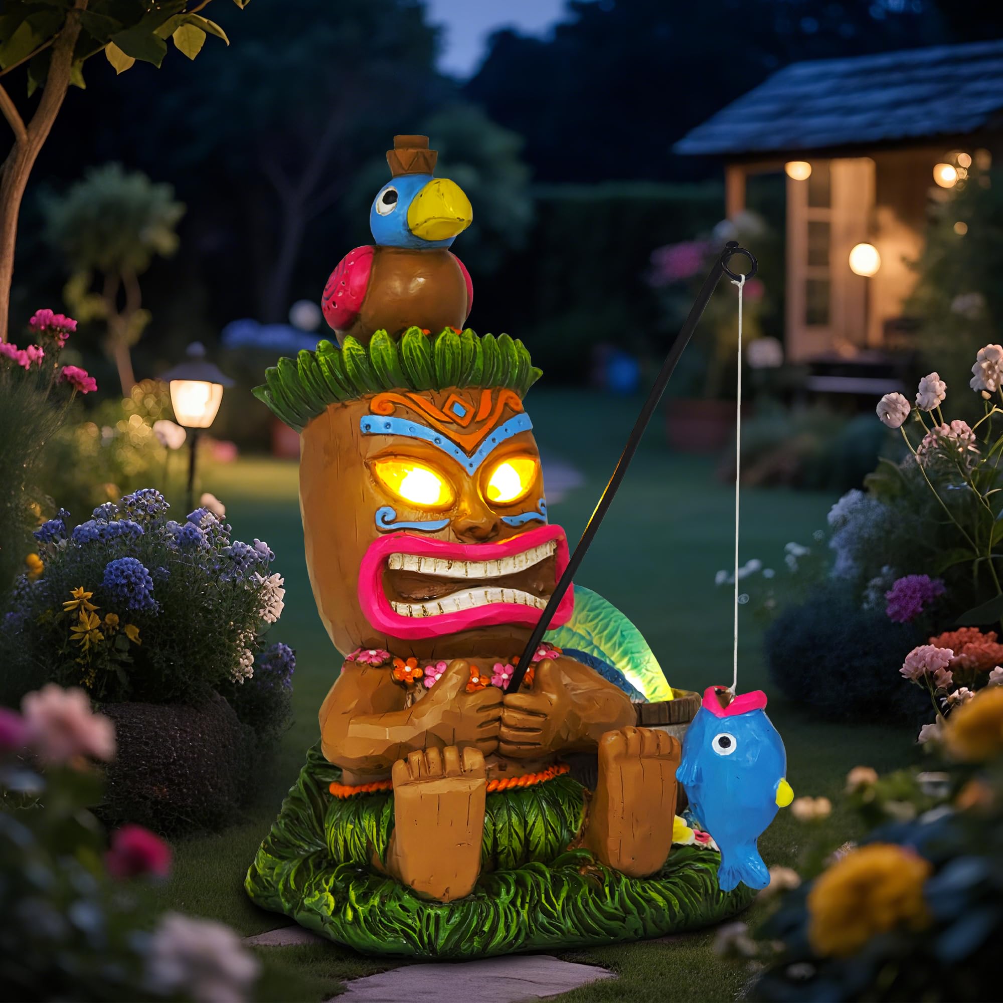 Estatuas solares de jardín Tiki: decoración divertida de barra Tiki de 8 pulgadas con luz solar, decoración exterior para césped, patio, jardín, regalos para inauguración de la casa (pescado)