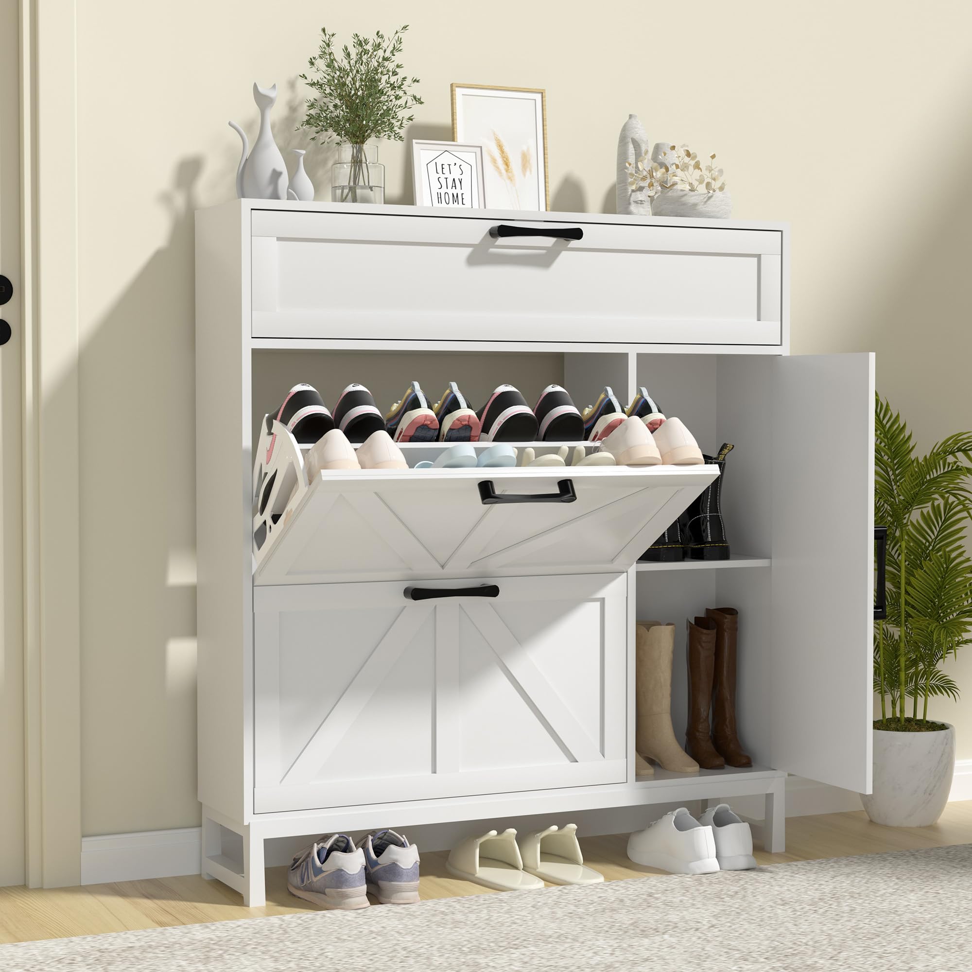 Betterhood Shoe Cabinet for Entryway with 2 Flip Drawers, Slim Freestanding Shoe Rack Organizer, Entryway Shoe Cabinet with Open Storage for Foyer and Hallway, White