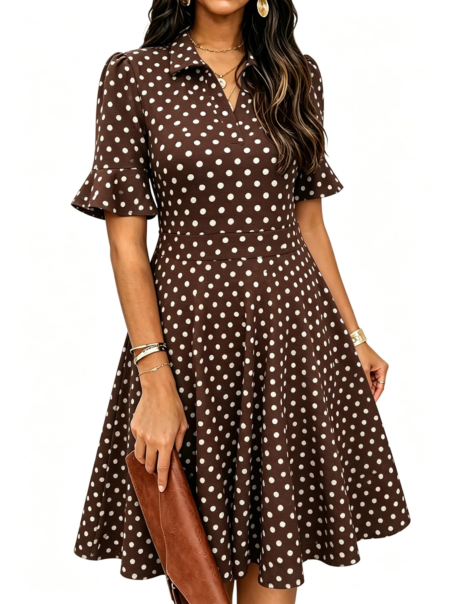 Mokayee Womens Summer Ruffle Sleeve Collared V Neck Fit and Flare Elegant A line Swing Dresses with Pockets