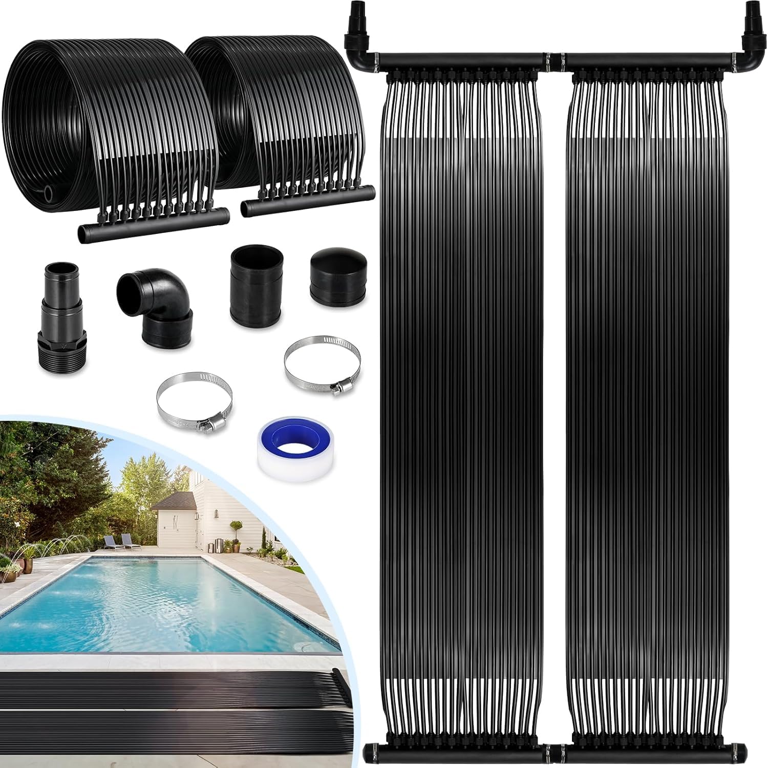 LIFERUN Solarkollektor Poolheizung, Solarheizung Pool, Schwimmbad bis 48000L Wasserinhalt, Solarmatte heizmatte Satz, UV-beständiger Kunststoff, Beliebig Erweiterbar (600 * 150cm)