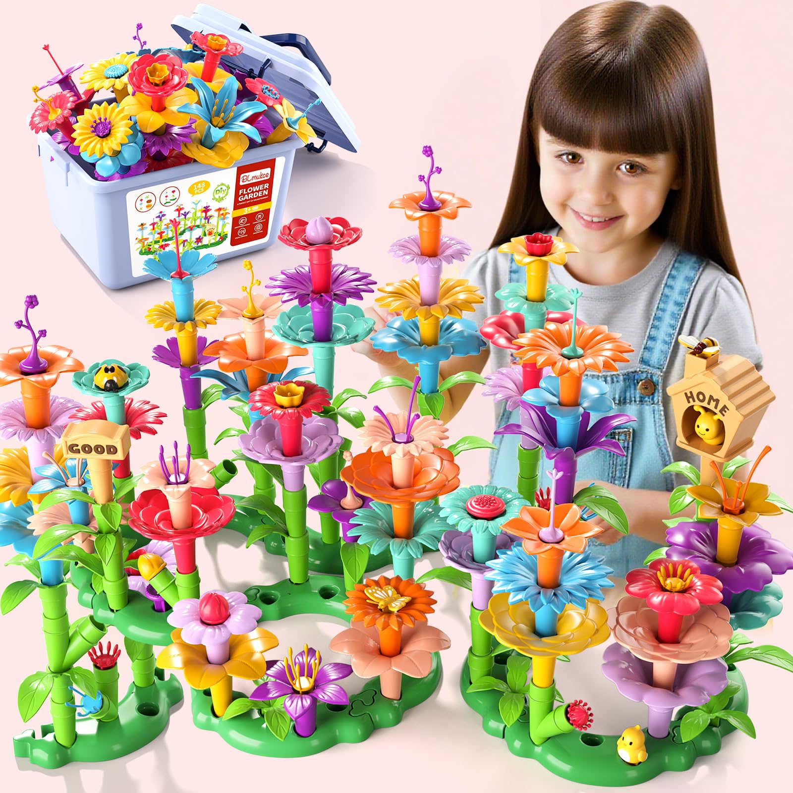 148PCS Flower Garden Building Toys for Girls Boys Age 3-5, Creative Floral Arrangement Playset with Storage Box, Educational Garden Toys for Toddlers, Gift for 3 4 Year Old Girls