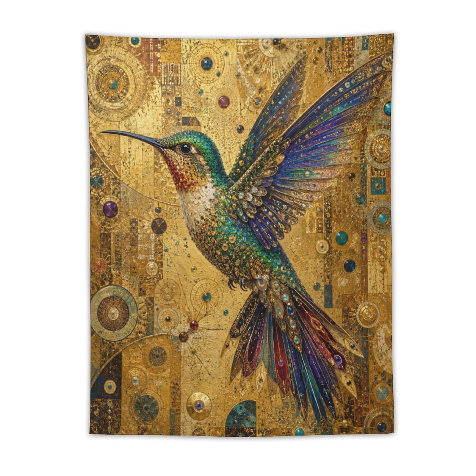 W7C8U2X3 Golden Hummingbird Collage Wall Tapestry, Oil Painting