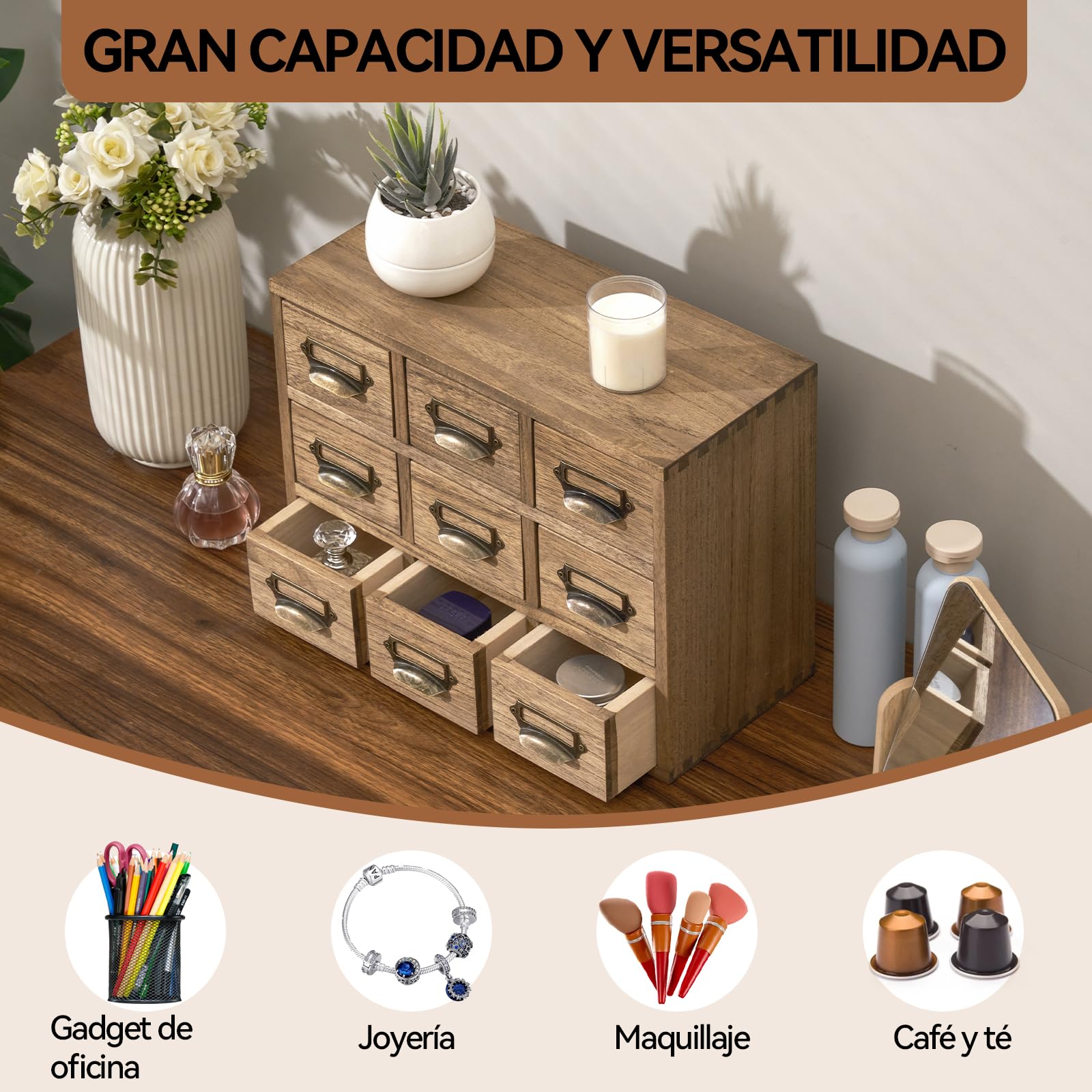 KIRIGEN Cajonera de Madera, Caja de Escritorio, 9 Cajones, Marrón Oscuro | Paulonia maciza; 36 x 16 x 26,6 cm; tiradores metálicos; clasifica material de oficina y objetos pequeños