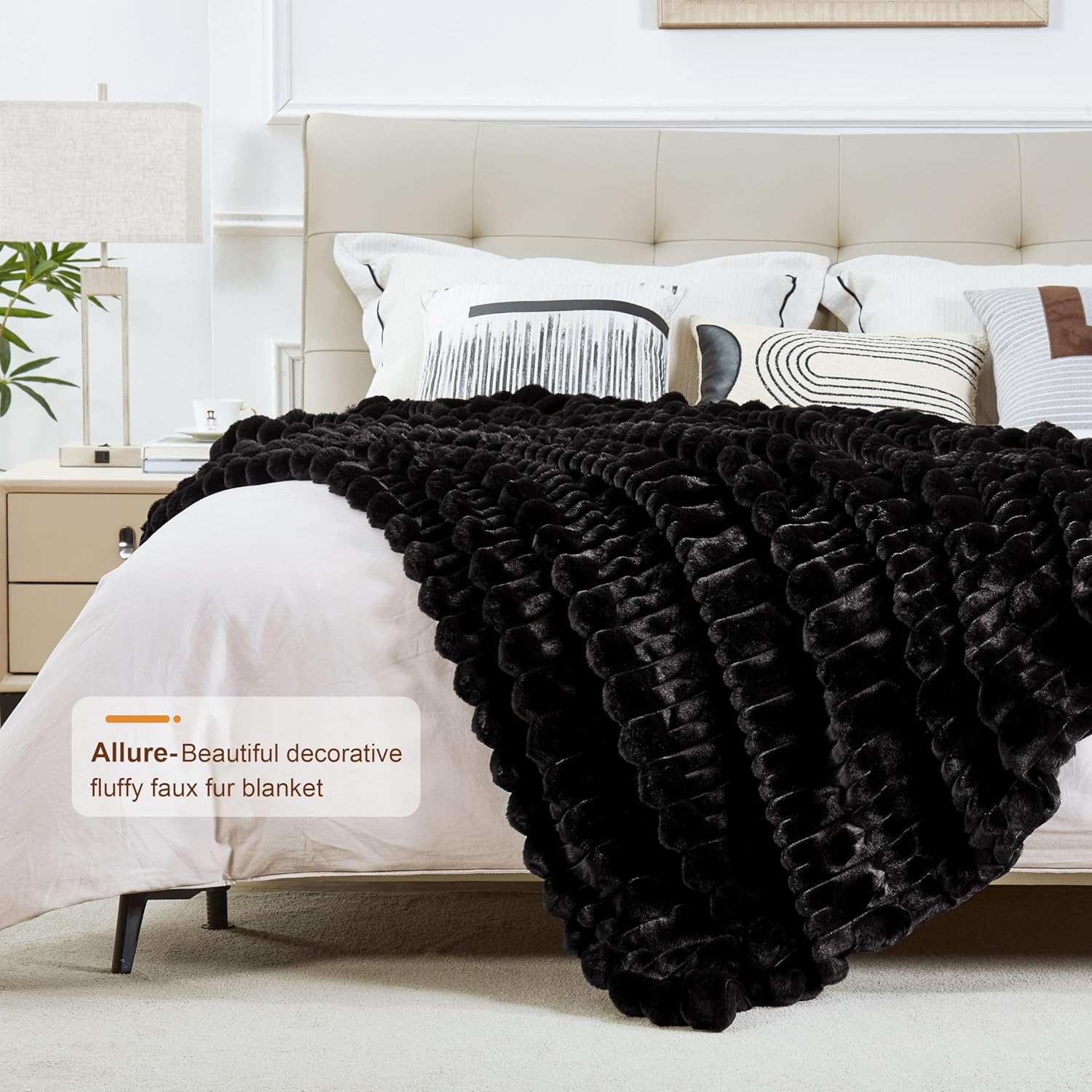 JONIYEAR Oversized Soft Fluffy Striped Faux Rabbit Fur Blanket Twin Size 60" x 70", Decorative 3D Geometric Large Warm Fuzzy Fur Blankets for Winter, Reversible Comfy Cozy Furry Blanket for Bed, Black - Image 3