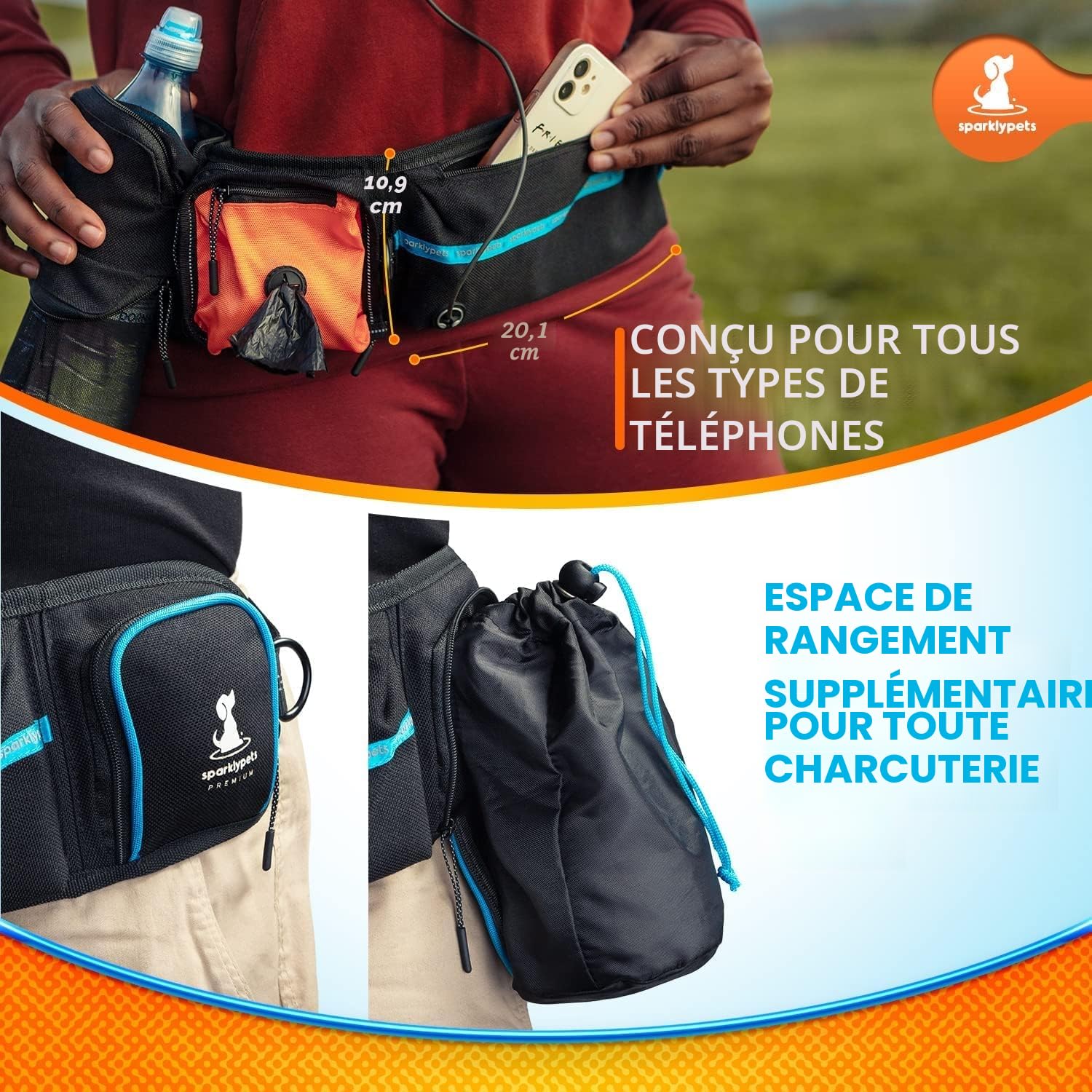 SparklyPets Active Waist Leash pour Promener Le Chien – Laisse Mains Libres – Complet avec Support de téléphone, Sac à déjections Canines Amovible, Pochette à friandises pour Chien et Porte-Bouteille