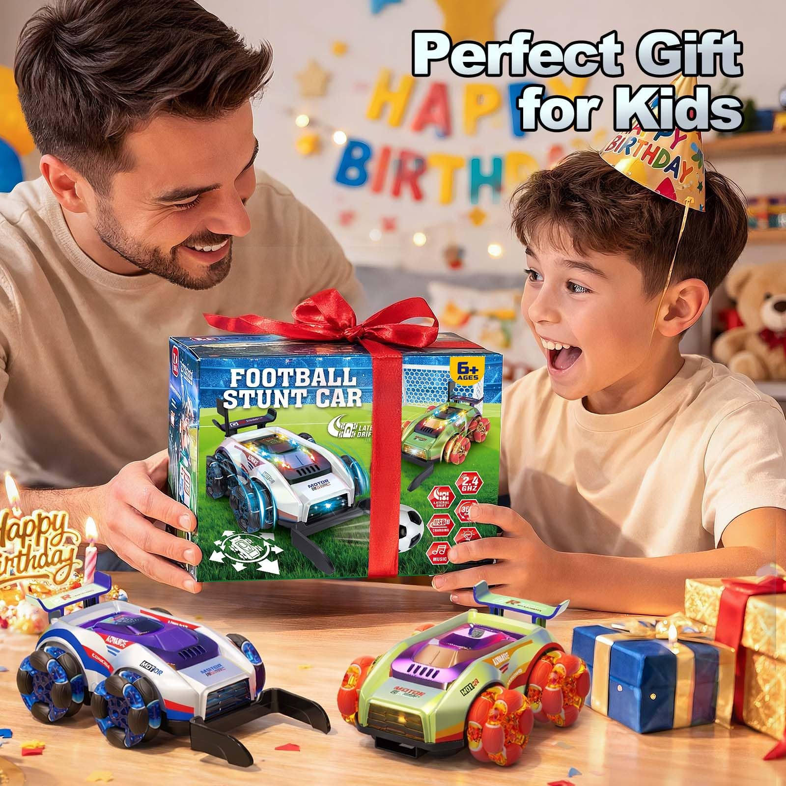 YESHIN 2 Coches de fútbol teledirigidos RC 2.4 GHz, Coches con luz LED y rotación 360°, Juego de fútbol con portería y Pelota, Juguete para niños 6+ años